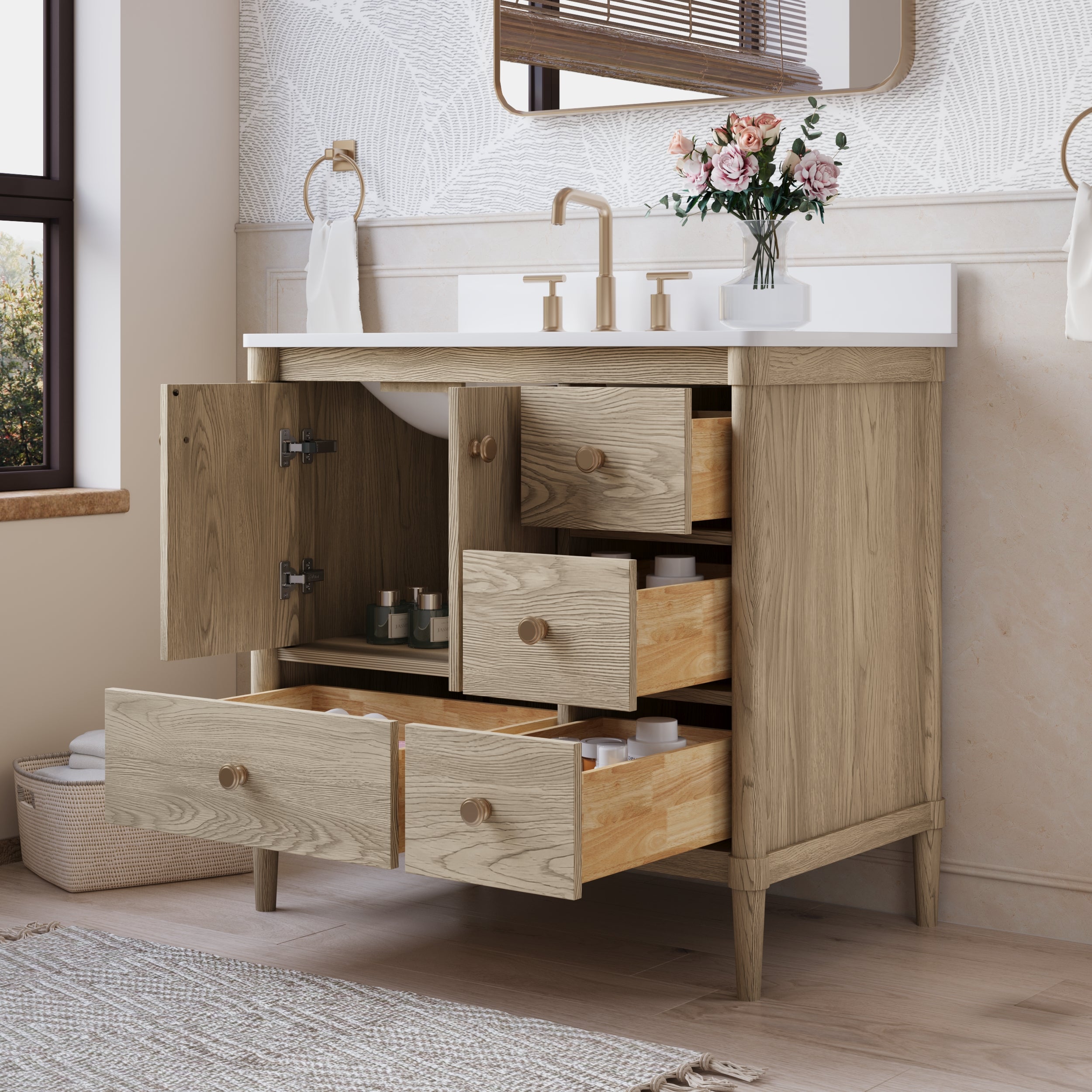 36-Inch Freestanding Oak Bathroom Vanity with Single Carrara White Quartz Top Sink