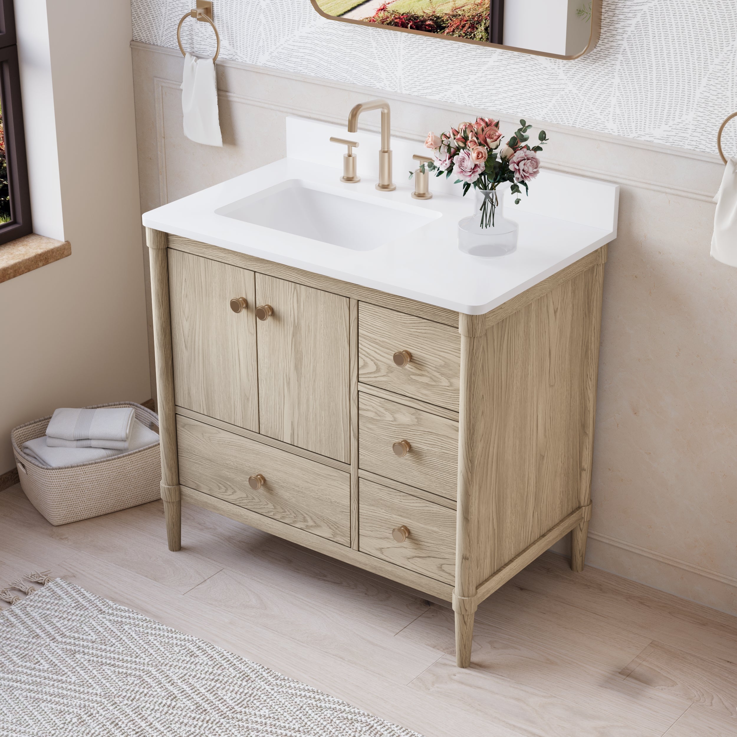 36-Inch Freestanding Oak Bathroom Vanity with Single Carrara White Quartz Top Sink