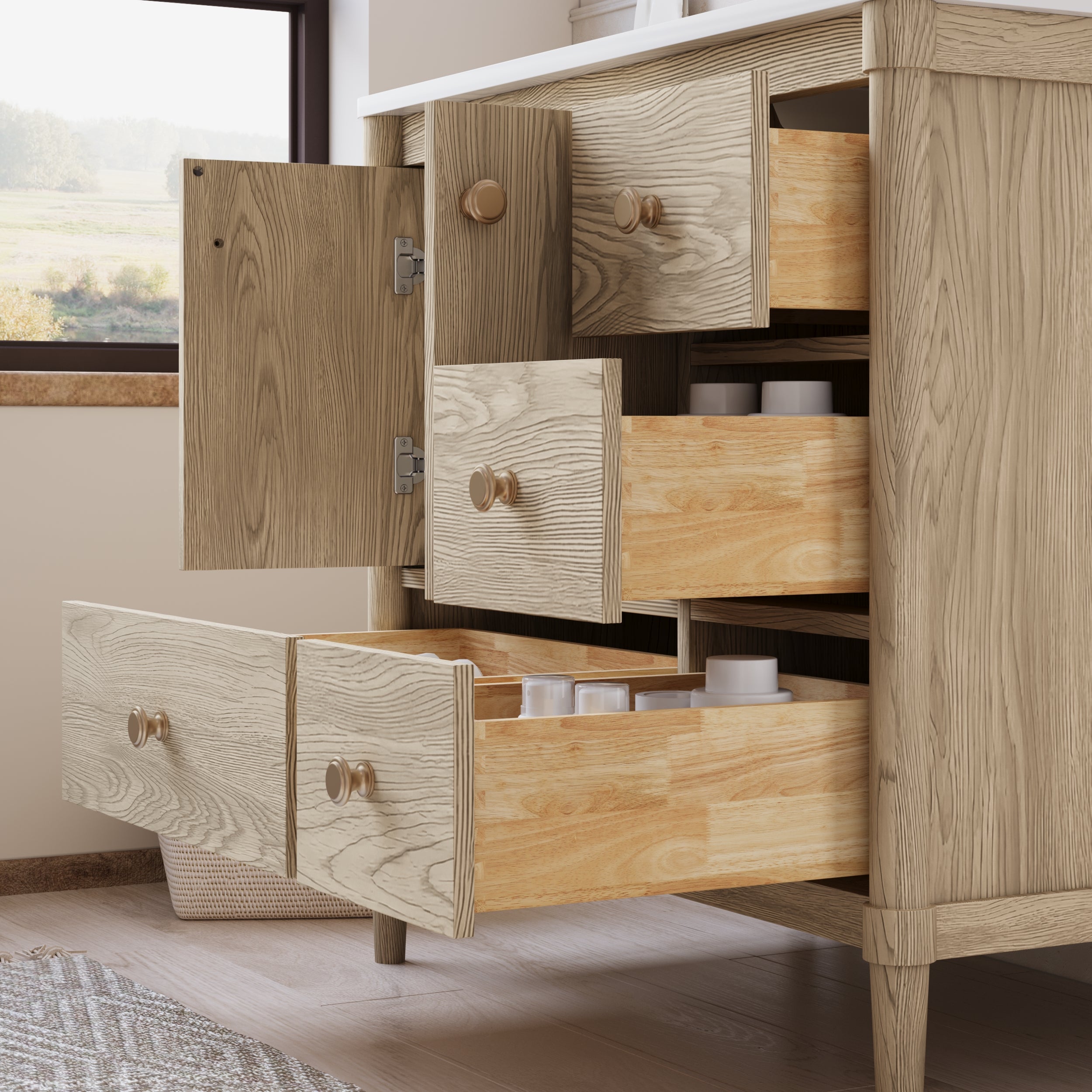 36-Inch Freestanding Oak Bathroom Vanity with Single Carrara White Quartz Top Sink