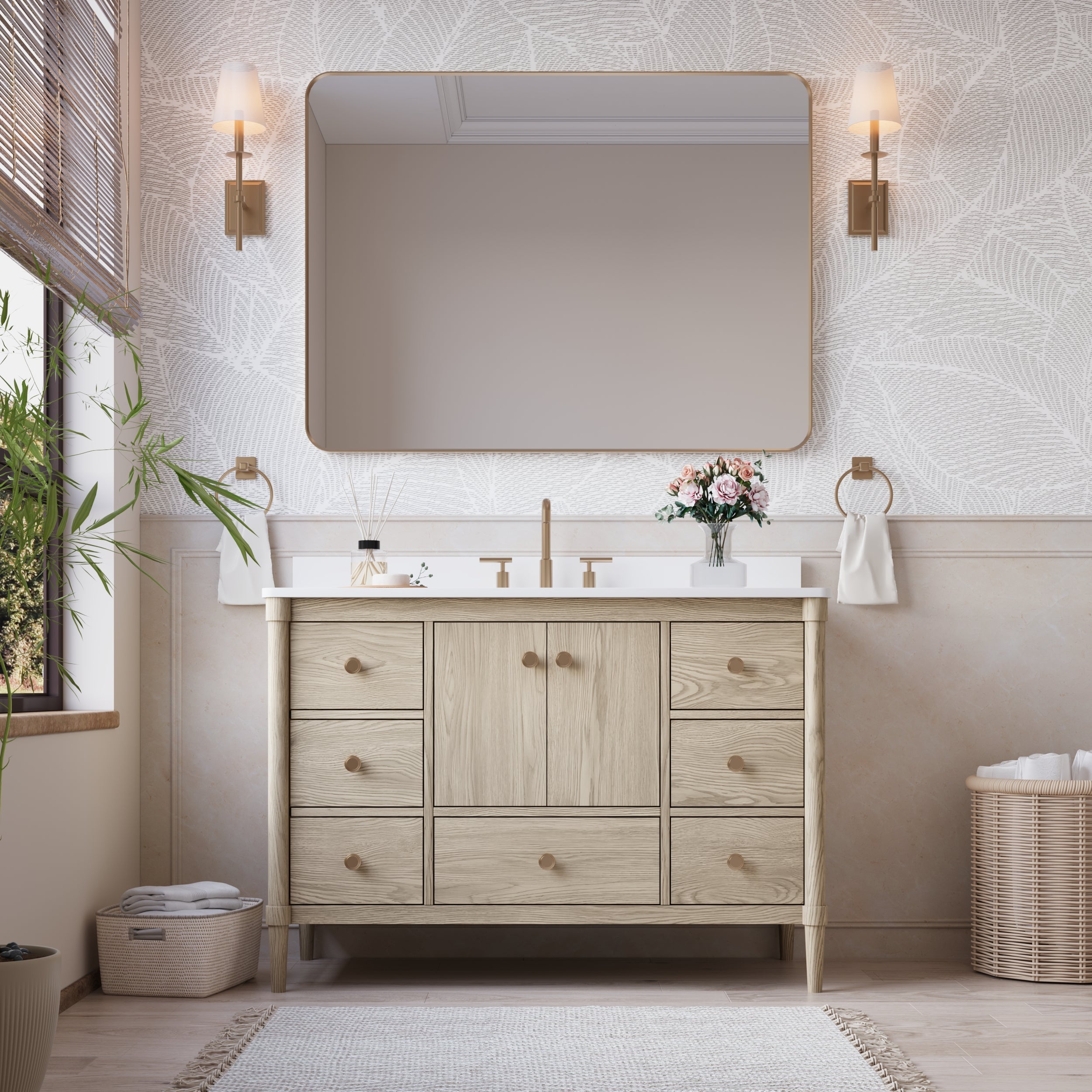 48-Inch Freestanding Oak Bathroom Vanity with Carrara White Quartz Top Sink
