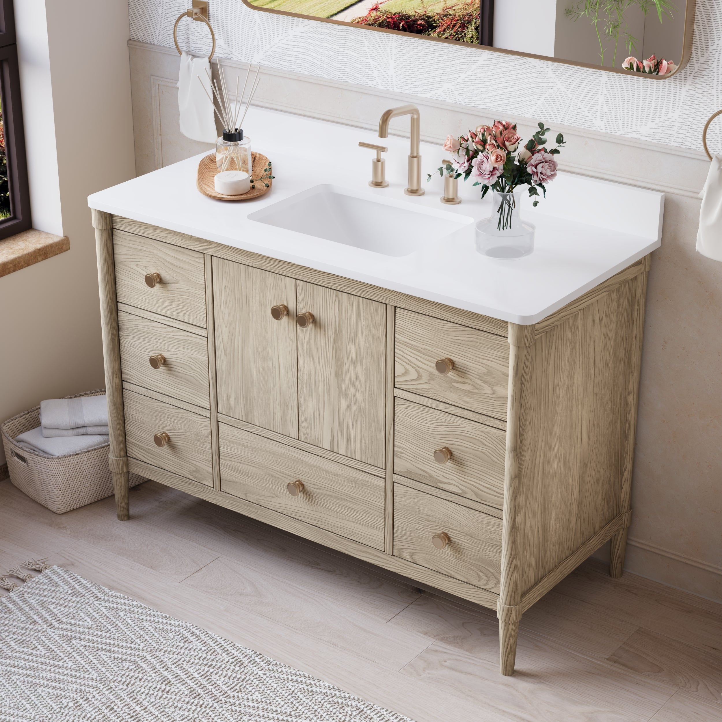 48-Inch Freestanding Oak Bathroom Vanity with Carrara White Quartz Top Sink