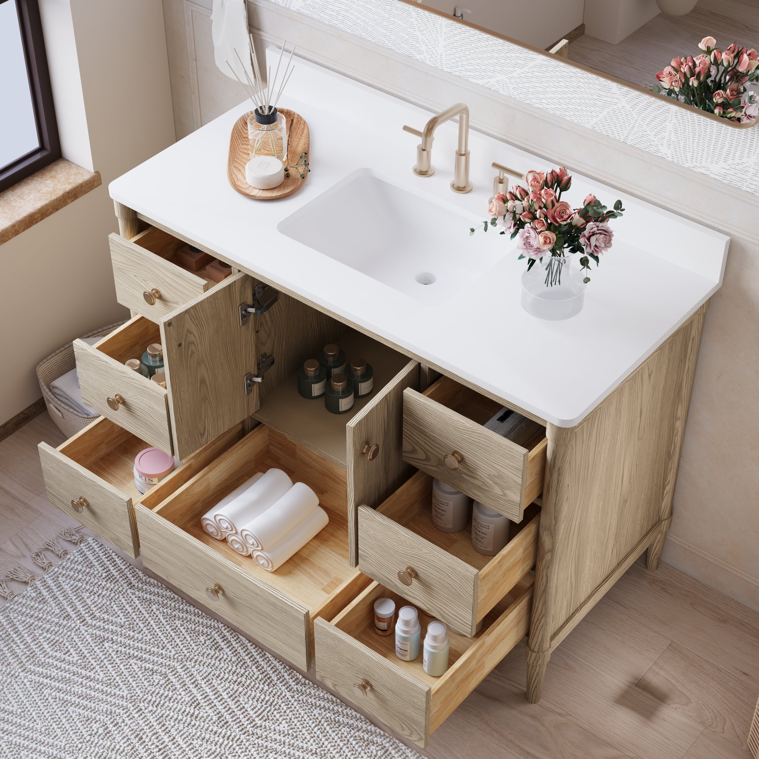 48-Inch Freestanding Oak Bathroom Vanity with Carrara White Quartz Top Sink