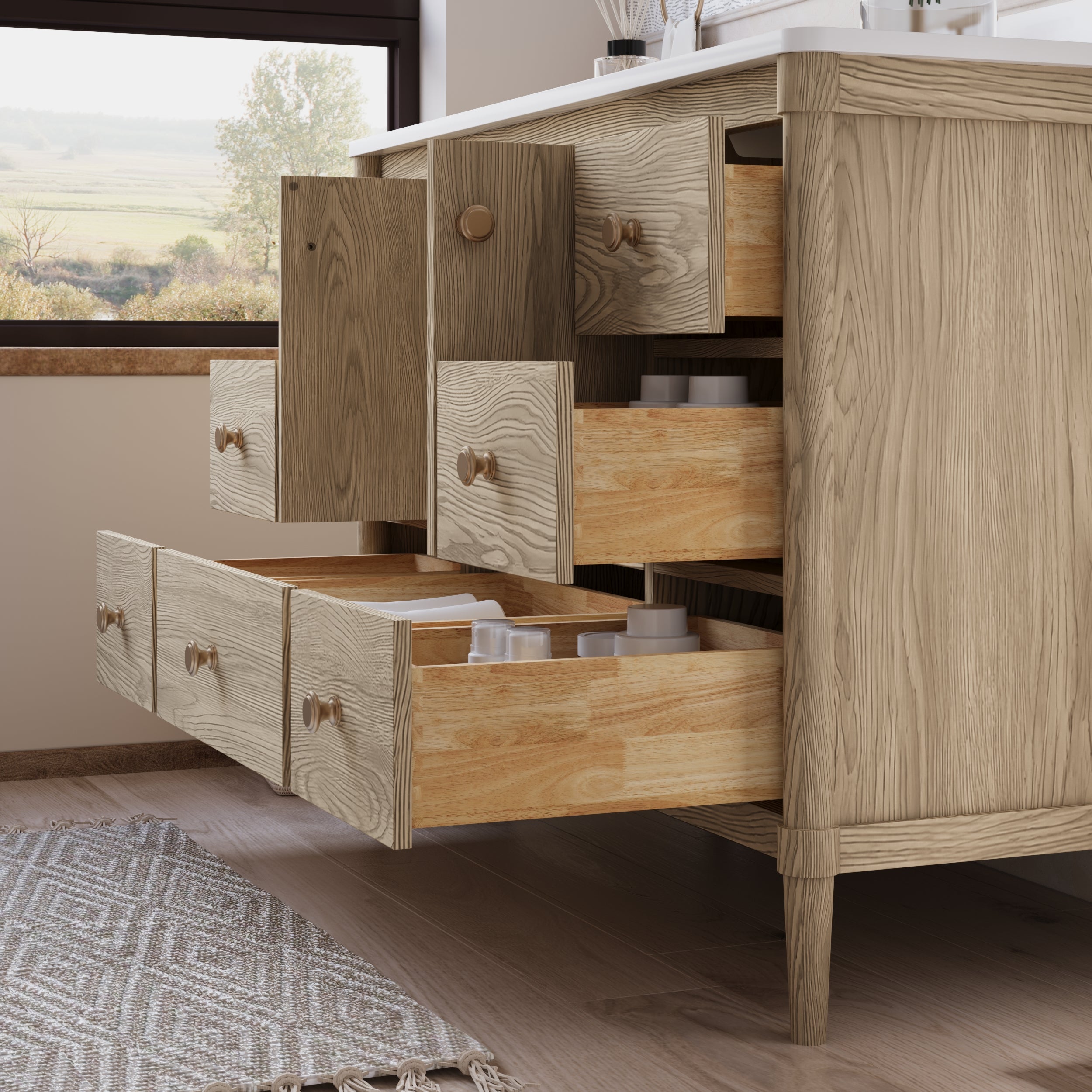 48-Inch Freestanding Oak Bathroom Vanity with Carrara White Quartz Top Sink
