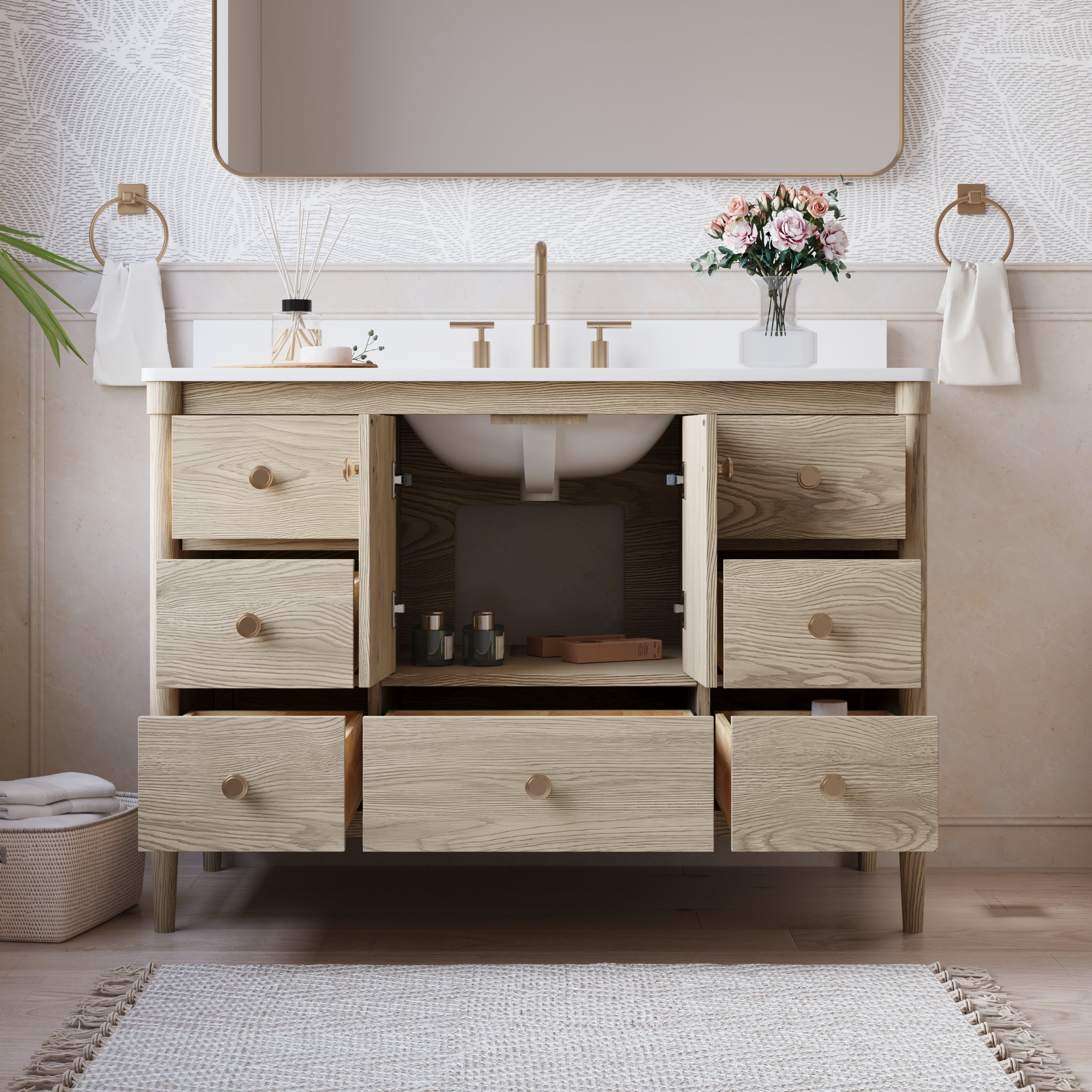 48-Inch Freestanding Oak Bathroom Vanity with Carrara White Quartz Top Sink