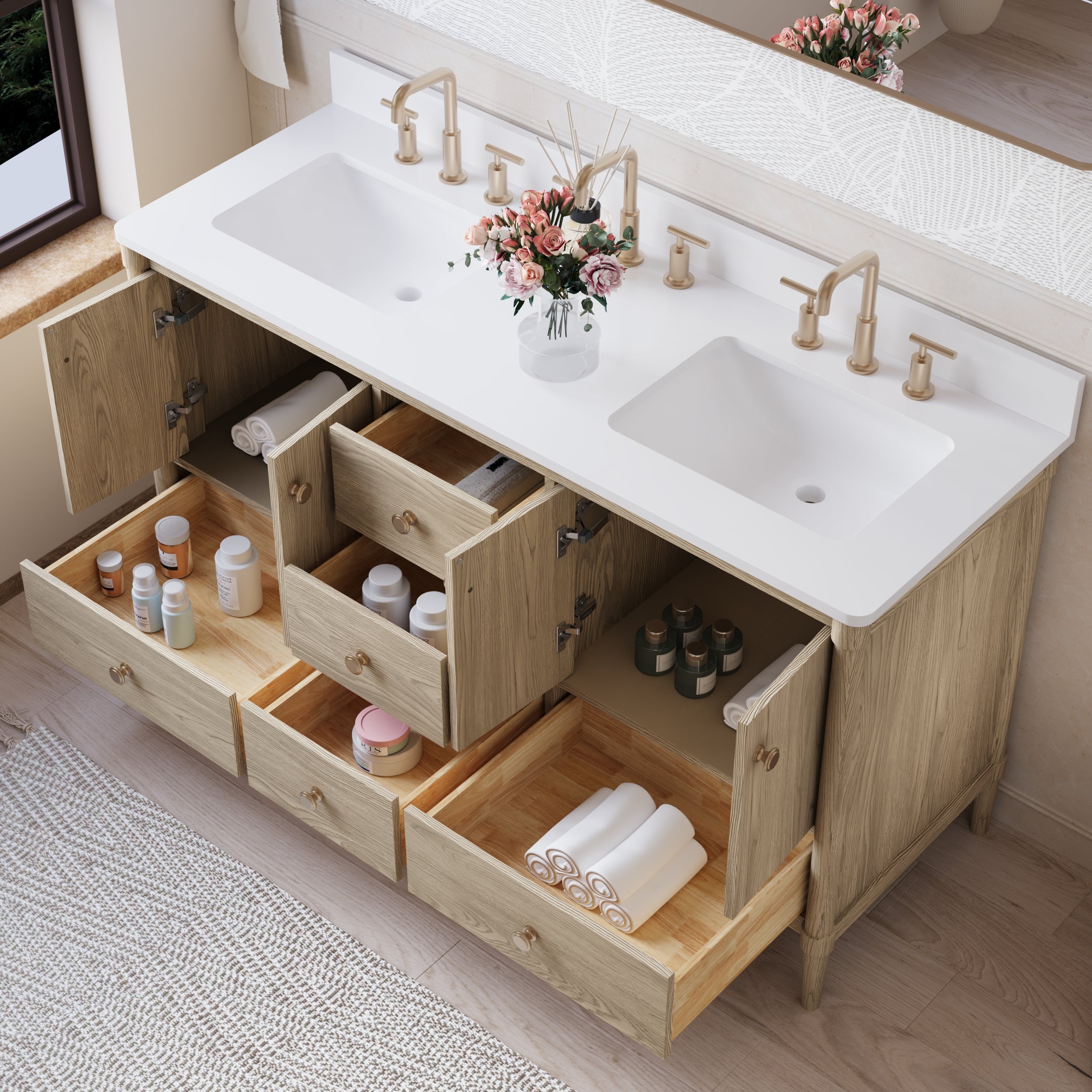 60-Inch Freestanding Oak Bathroom Vanity with Carrara White Quartz Top Double Sinks