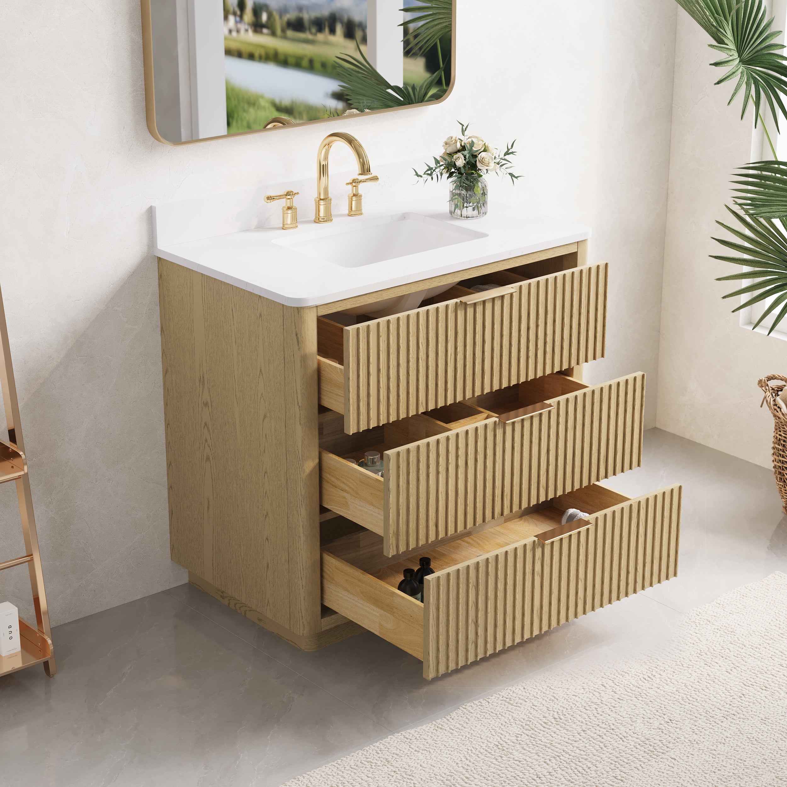 36 in. Oak Freestanding Solid Wood Bathroom Vanity with Carrara White Quartz Countertop