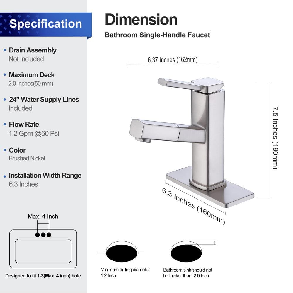 Pull Out Sprayer Single Handle Single Hole Bathroom Faucet with Deckplate and Supply Line Inlcuded
