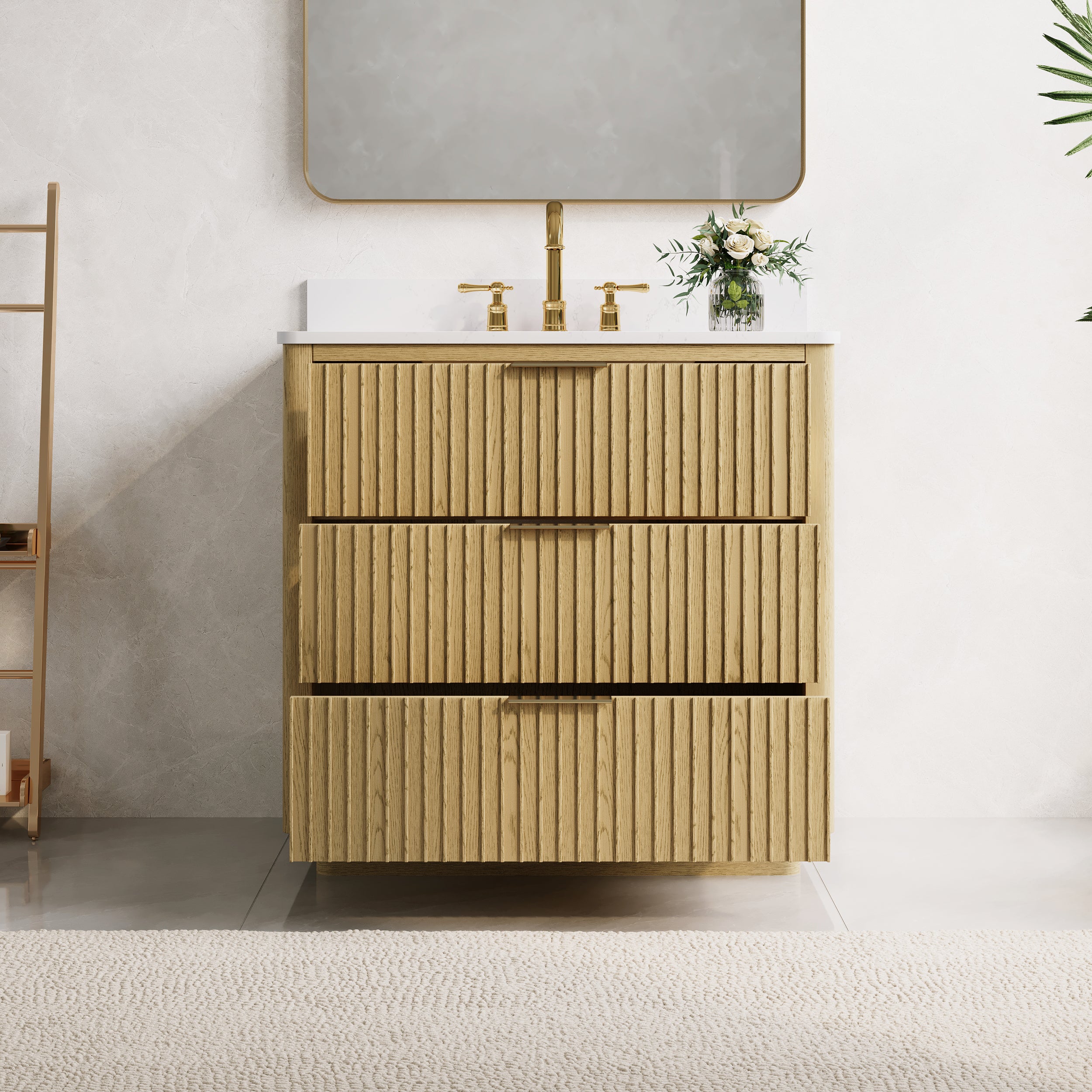 36 in. Oak Freestanding Solid Wood Bathroom Vanity with Carrara White Quartz Countertop