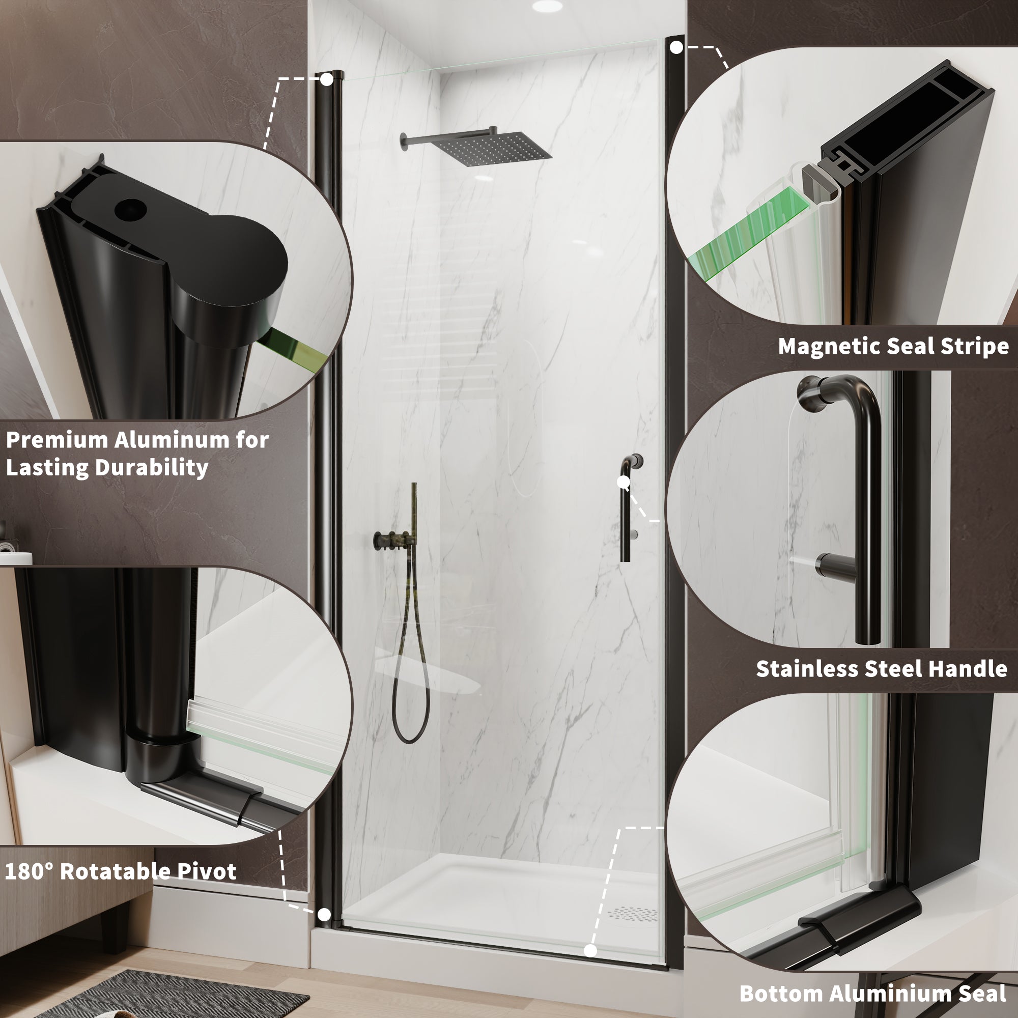 32-34 in. W x 72 in. H Semi-Frameless Pivot Shower Door with 1/4 in SGCC Tempered Glass, Reversible Installation, Matte Black