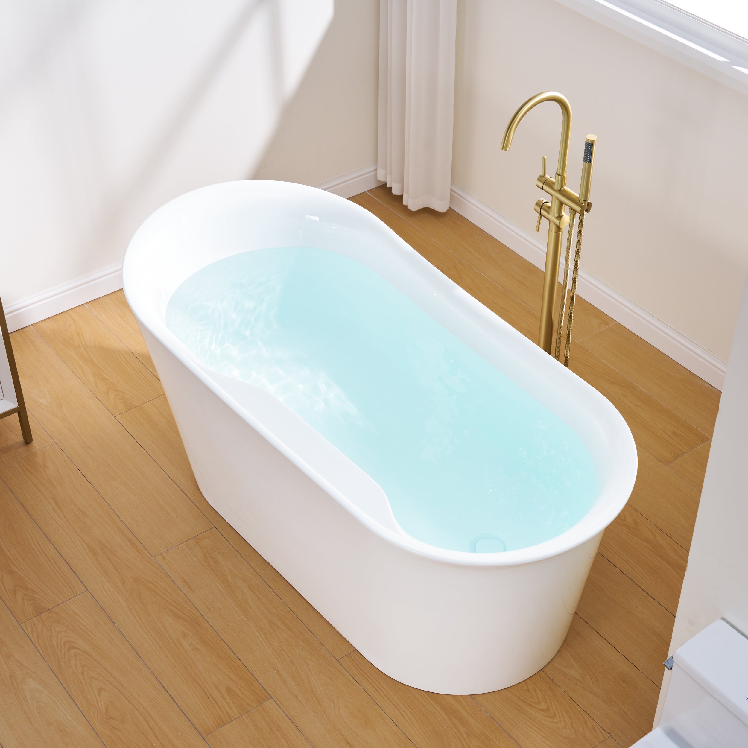 66" Freestanding Glossy White Acrylic Bathtub with Overflow and Drainage