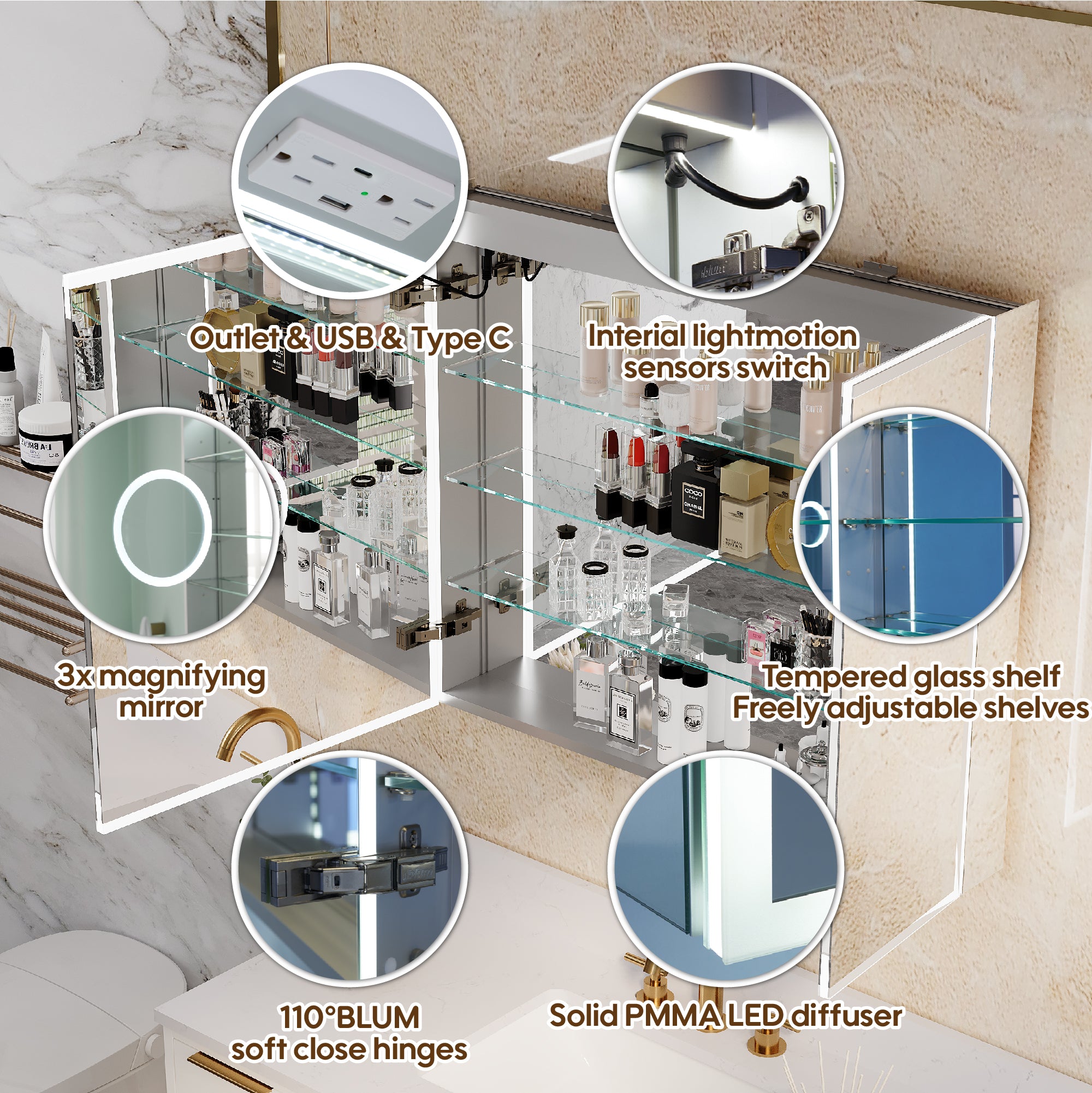 36 x 30 Inch LED Lighted Medicine Cabinet with Mirror, Recessed/Surface Mount