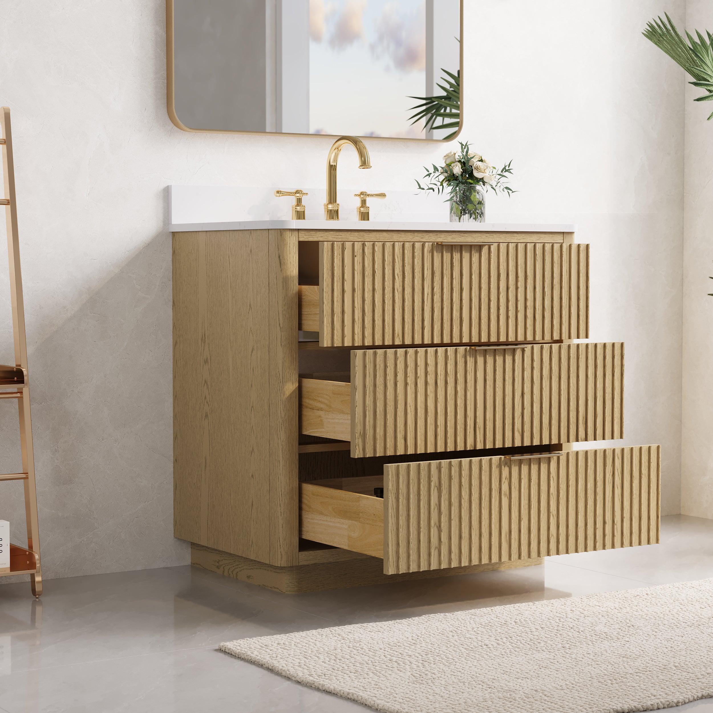 36 in. Oak Freestanding Solid Wood Bathroom Vanity with Carrara White Quartz Countertop