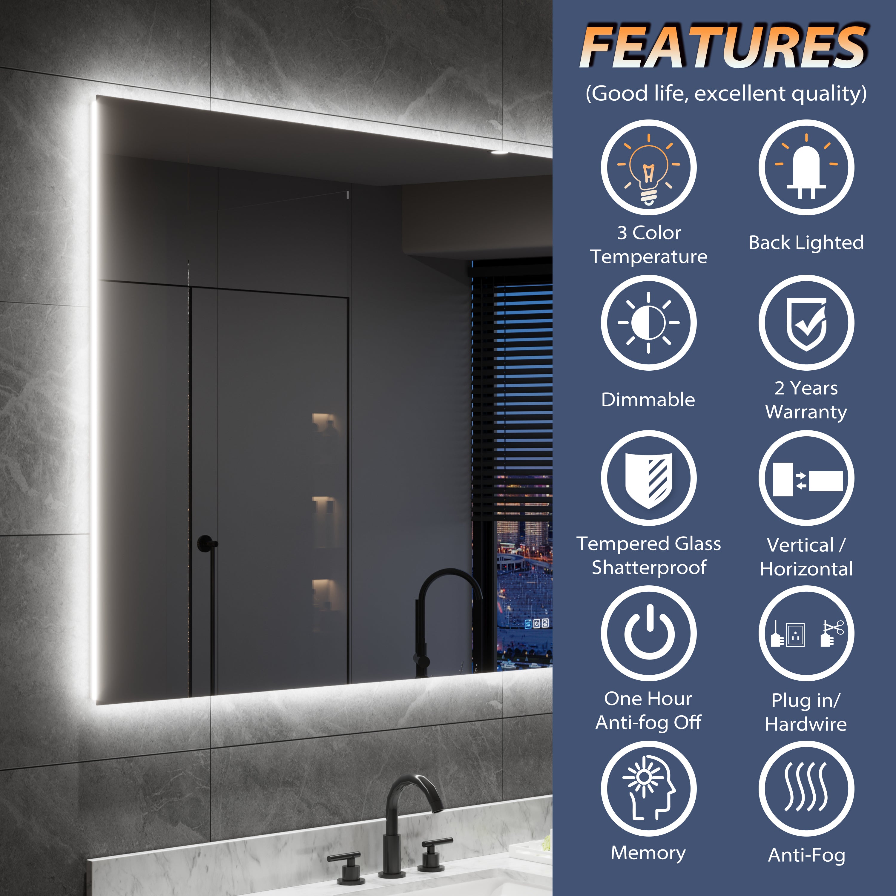 72 in. W x 36 in. H Rectangular Frameless Anti-Fog LED Light Dimmable Bathroom Vanity Mirror in Aluminum