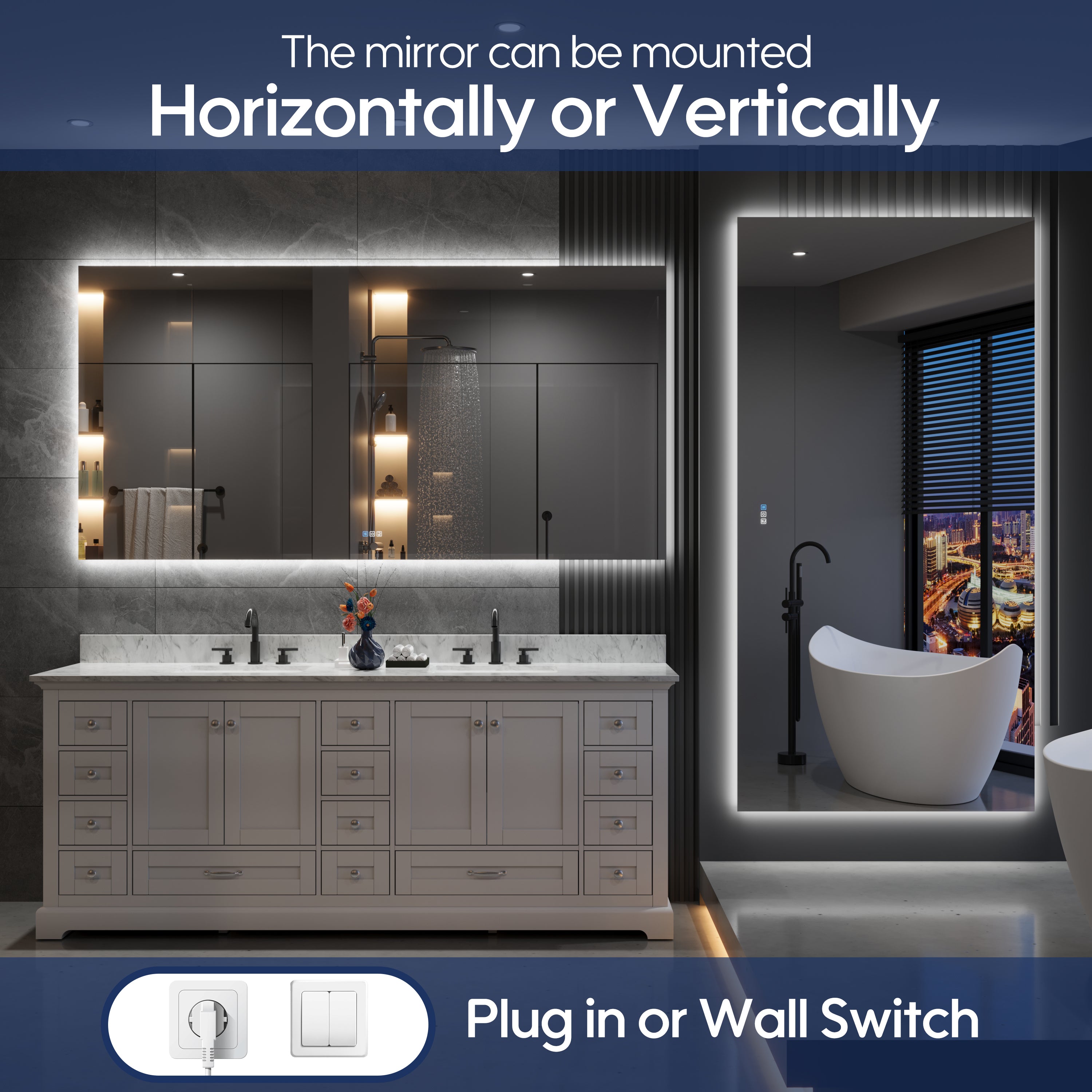 84 in. W x 42 in. H Rectangular Frameless Anti-Fog LED Light Dimmable Bathroom Vanity Mirror in Aluminum