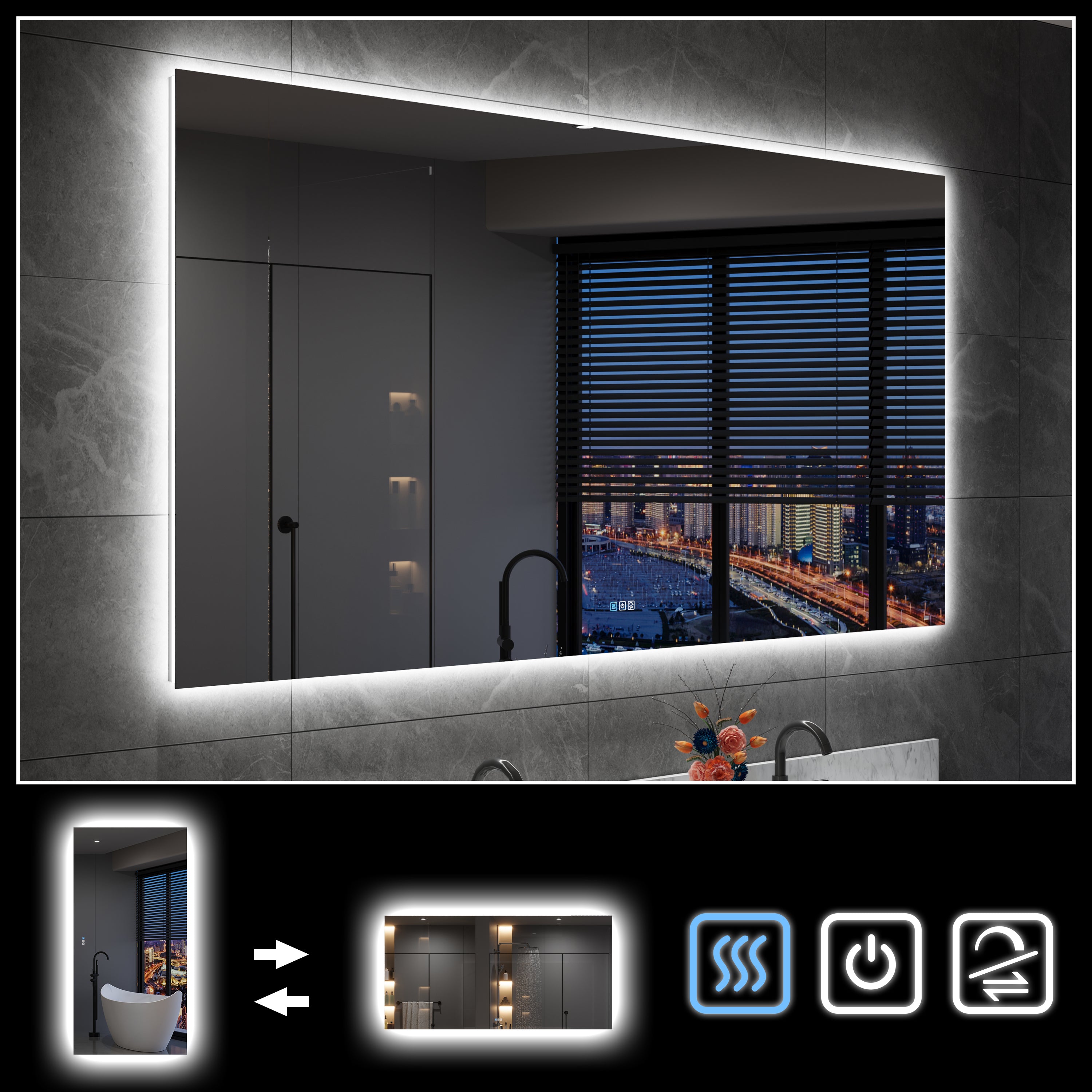 55 in. W x 32 in. H Rectangular Frameless Anti-Fog LED Light Dimmable Bathroom Vanity Mirror in Aluminum