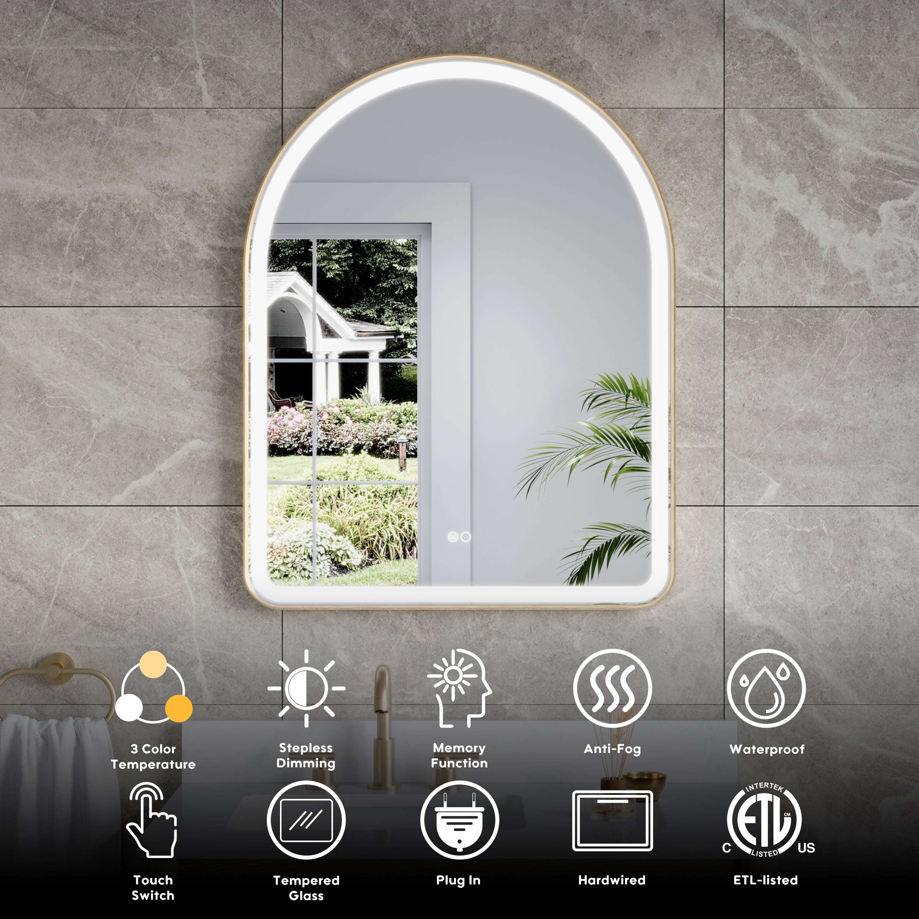 28 in. W x 36 in. H Arched Gold Framed LED Light Bathroom Vanity Mirror