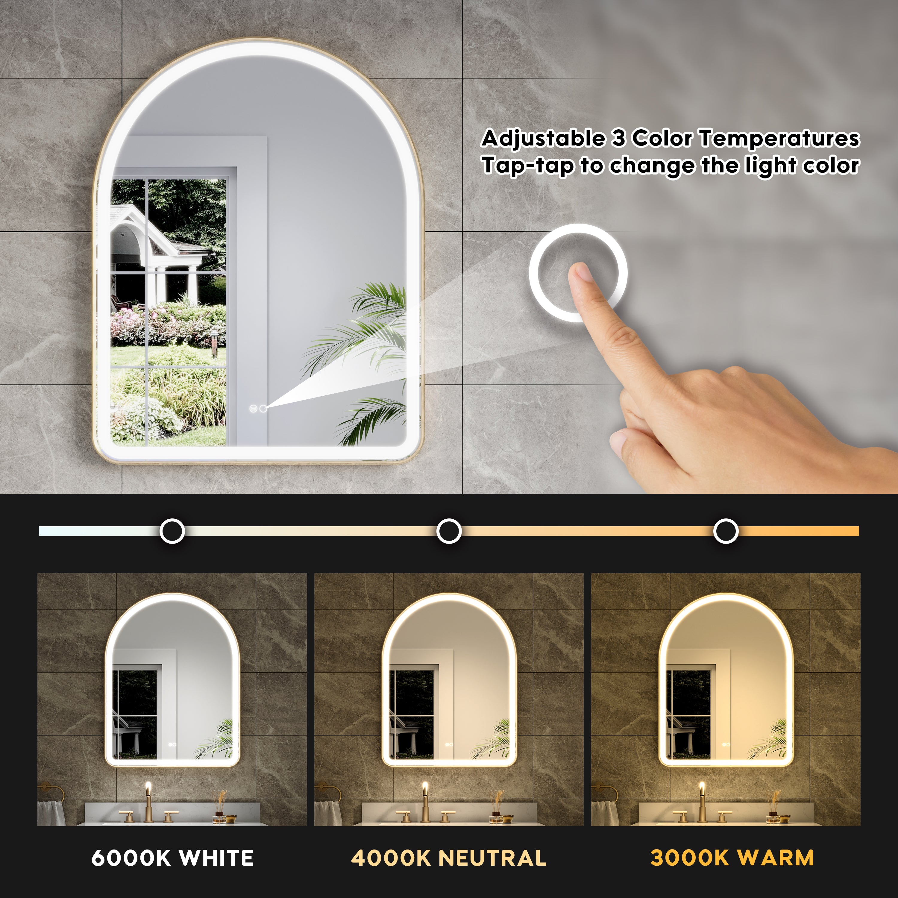 28 in. W x 36 in. H Arched Gold Framed LED Light Bathroom Vanity Mirror