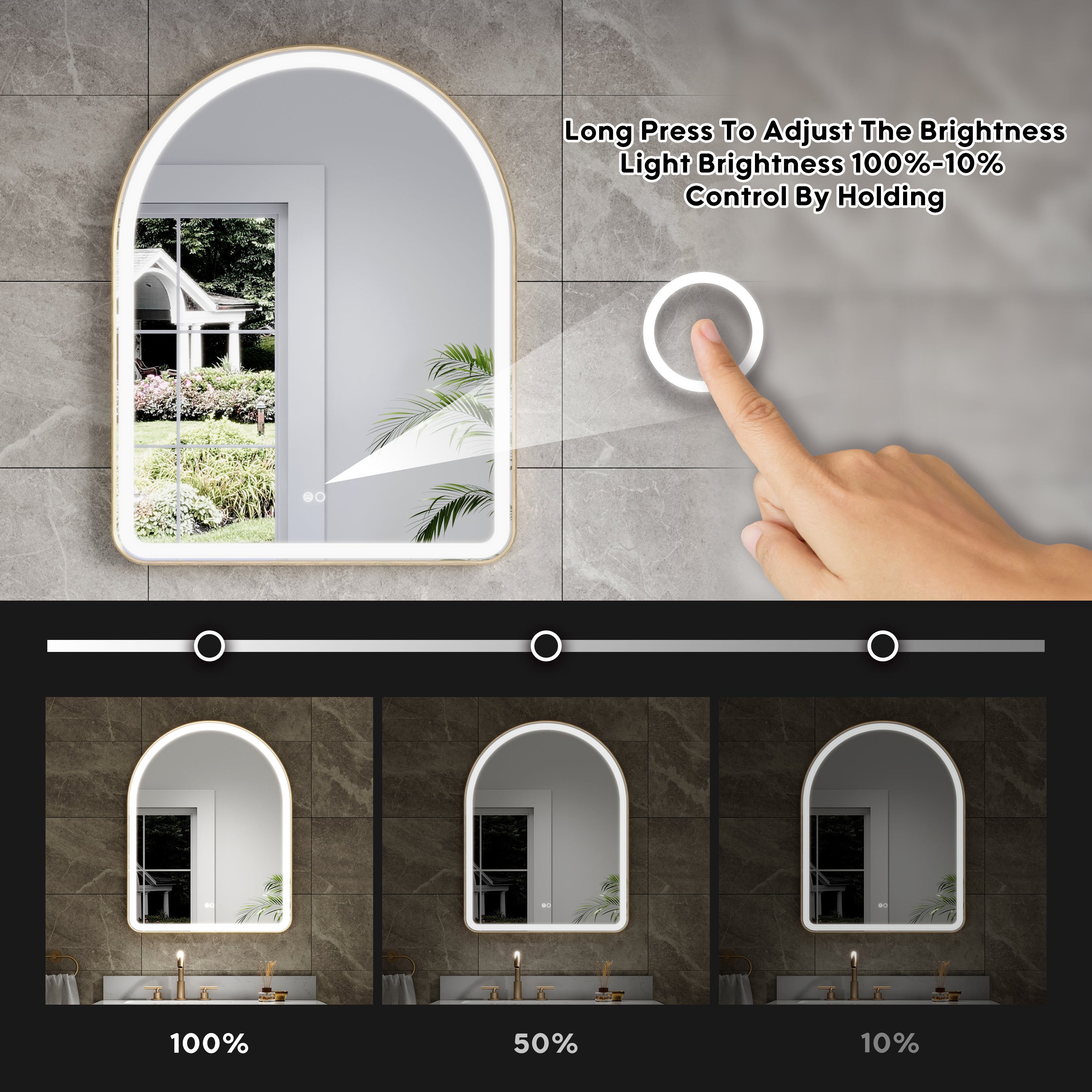 28 in. W x 36 in. H Arched Gold Framed LED Light Bathroom Vanity Mirror