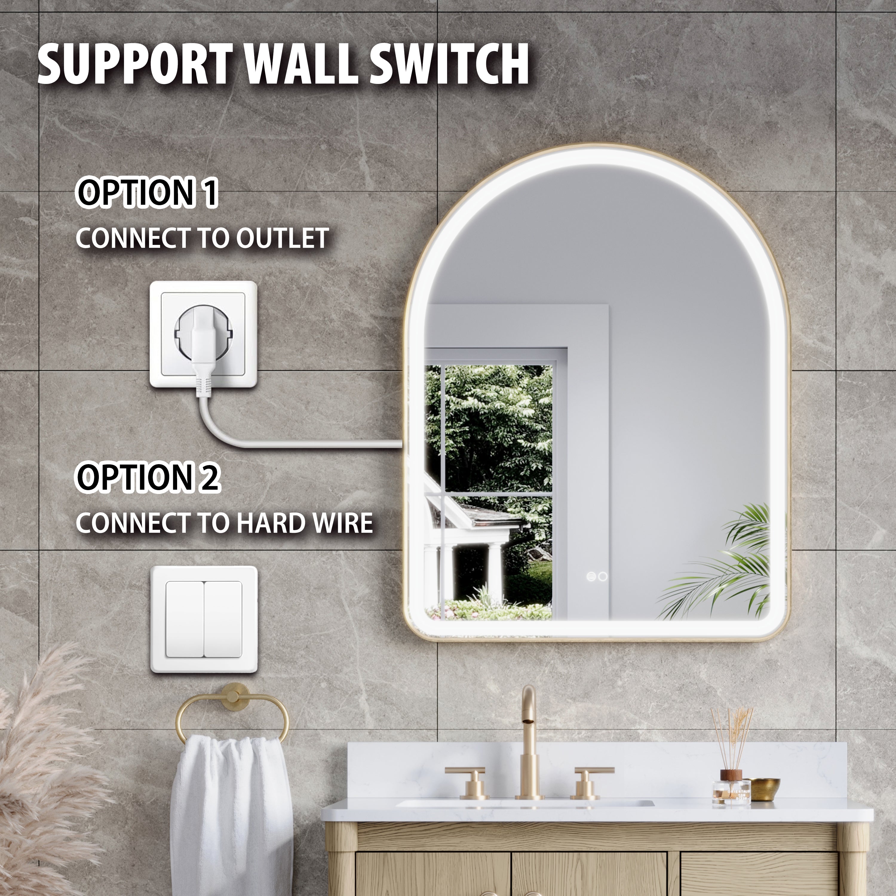 28 in. W x 36 in. H Arched Gold Framed LED Light Bathroom Vanity Mirror