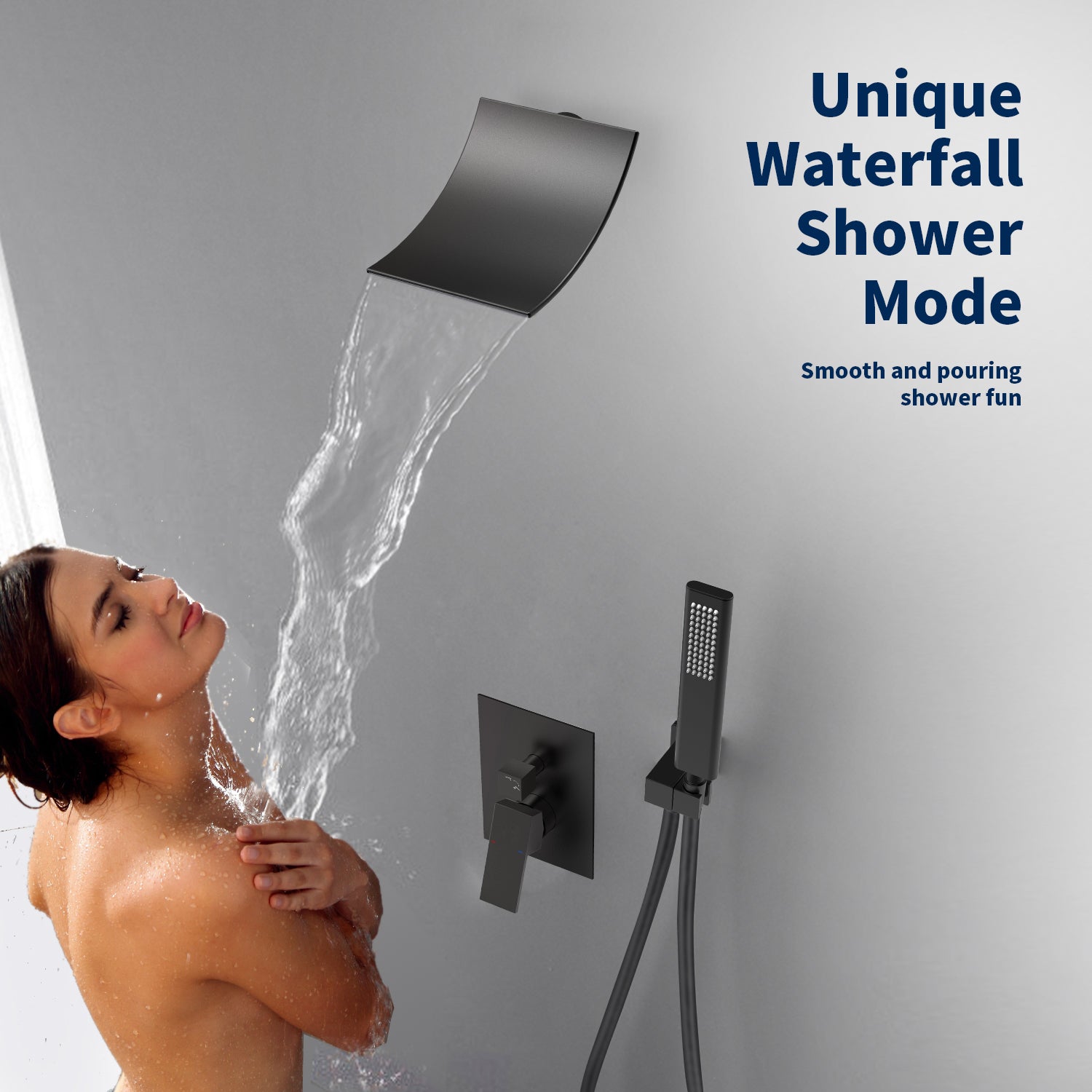 Matte Black High Flow Tub Faucet Set with Waterfall Shower Head and Handheld Shower