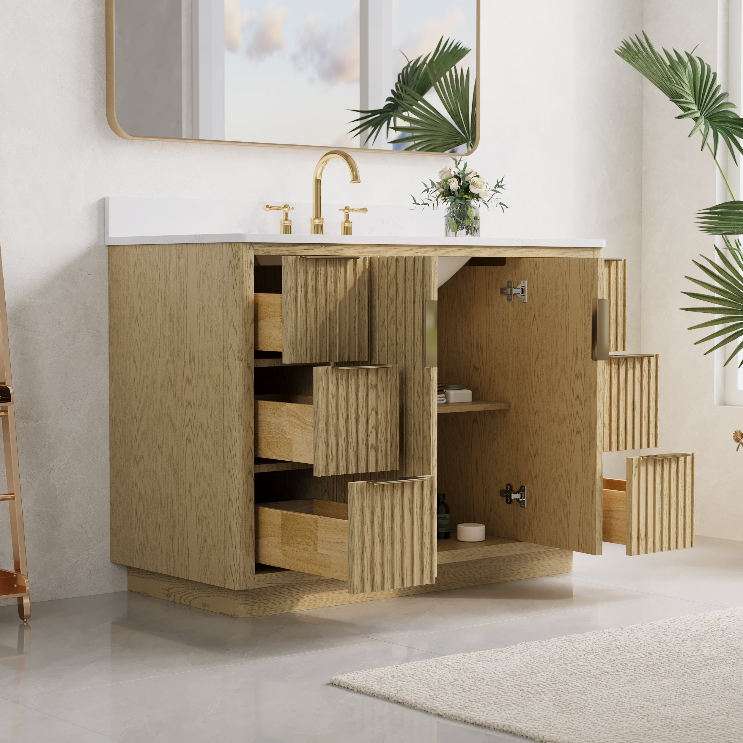 48 in. Oak Freestanding Solid Wood Bathroom Vanity with Carrara White Quartz Countertop