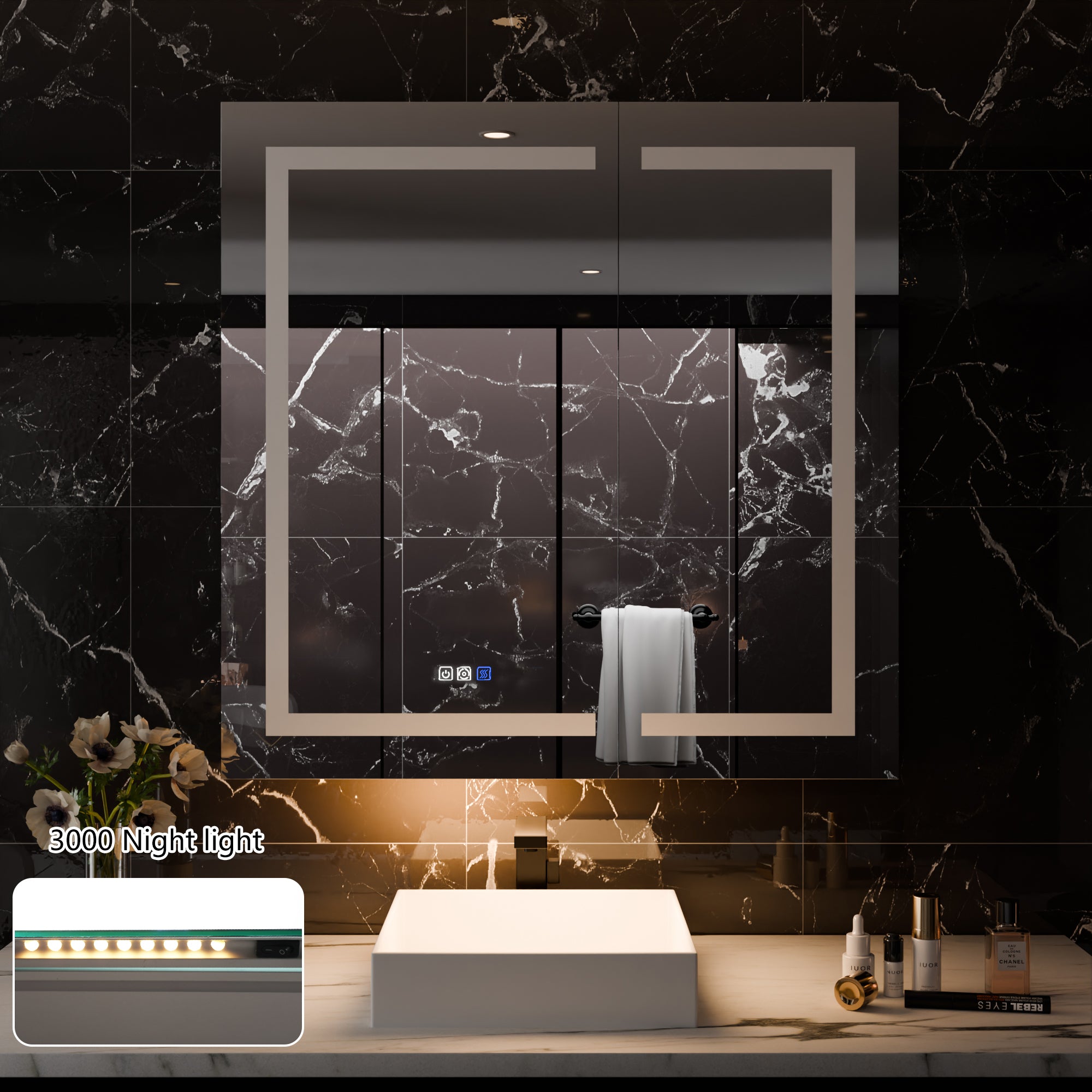 WELLFOR 36 in. x 36 in. Recessed/Surface Mount Right Medicine Cabinet with 5X Magnifier Mirror and Night Light