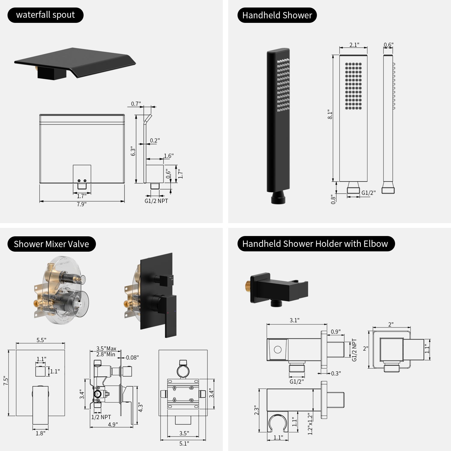 Matte Black Waterfall Bathtub Shower Set with Hand Shower Wall-Mounted