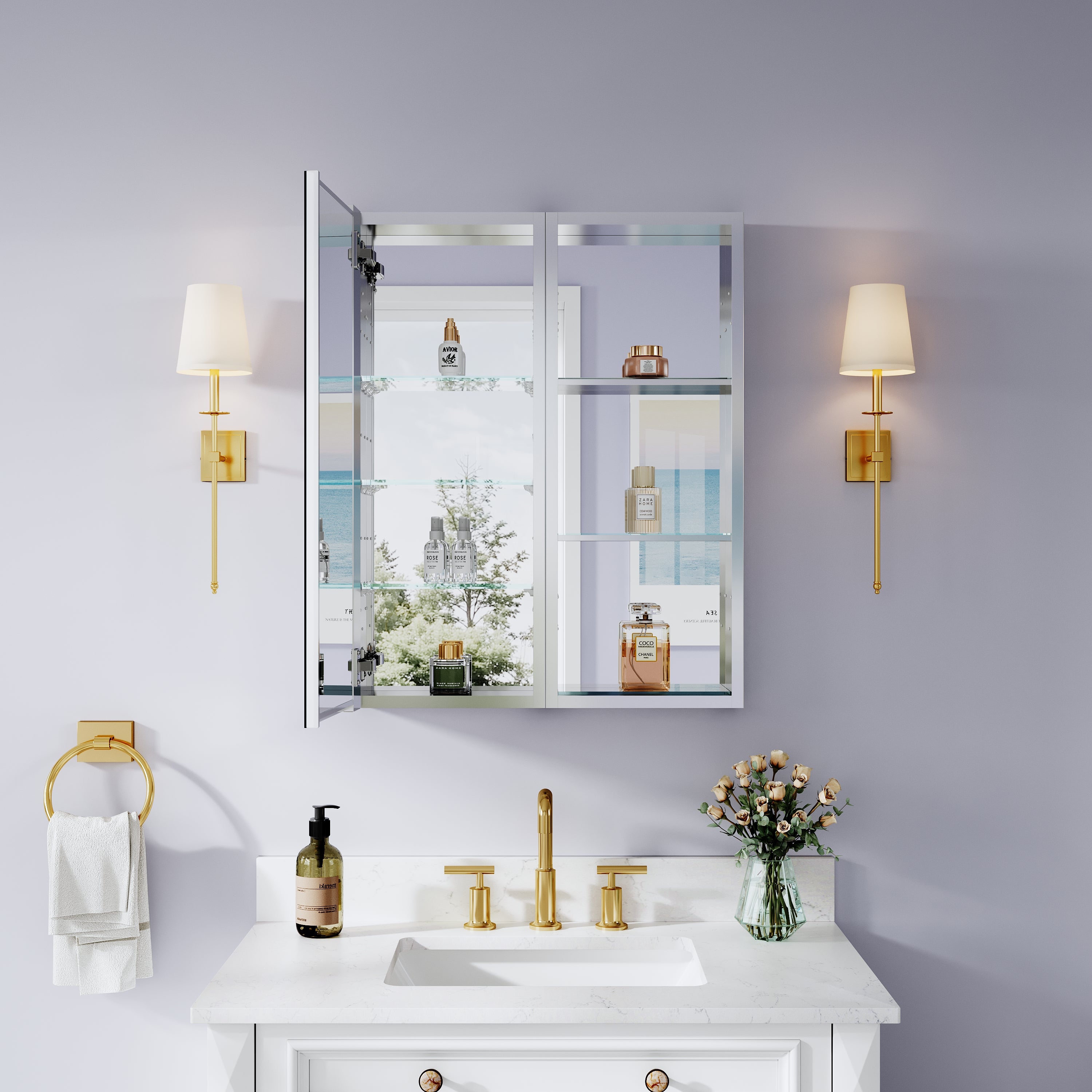 24 in. ×30 in. Bathroom Medicine Cabinet Set with Copper-Free Tri-View Mirror and Open Side Cabinet, Recessed or Surface Mount