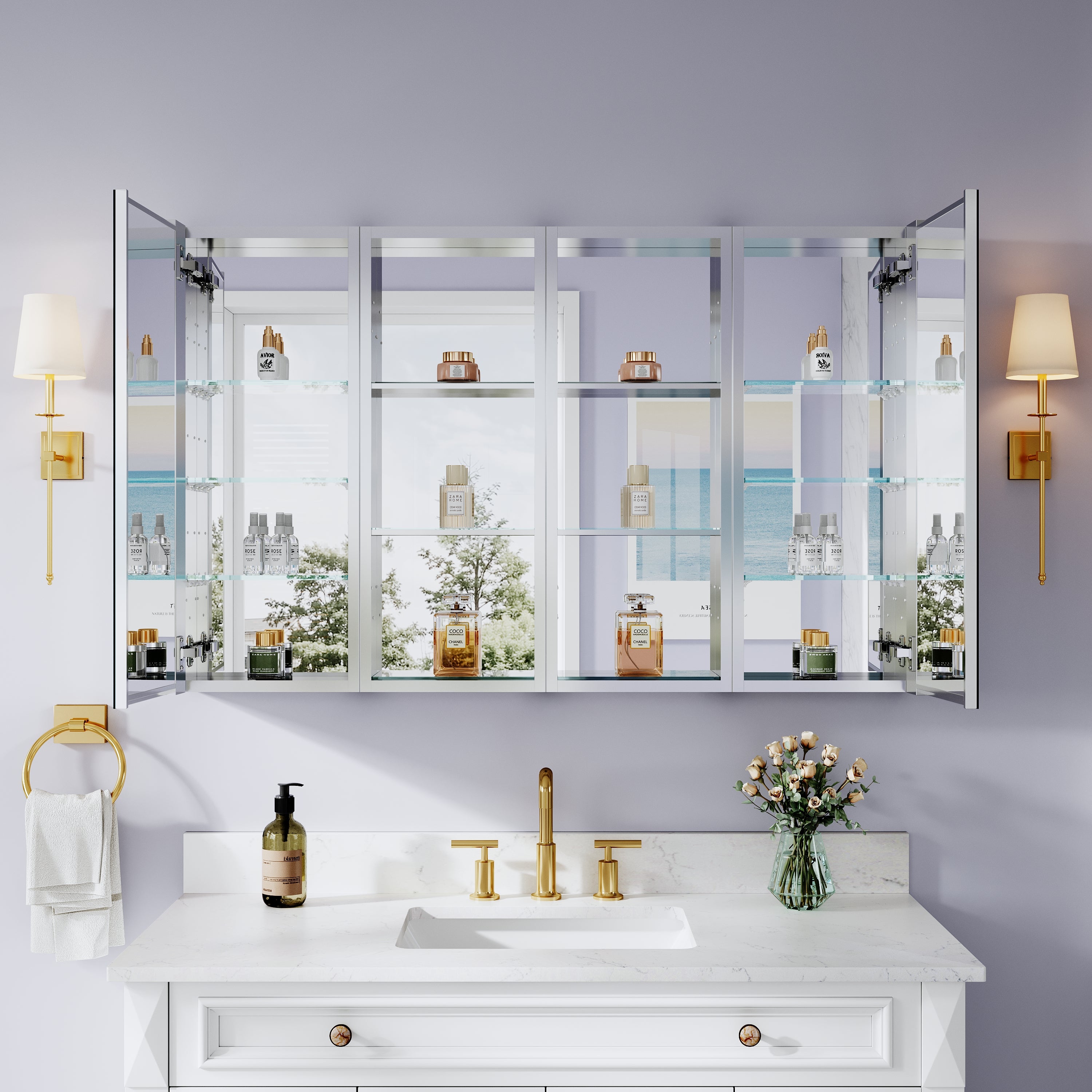 48 in. ×30 in. Bathroom Medicine Cabinet Set with Copper-Free Tri-View Mirror and Open Side Cabinet, Recessed or Surface Mount