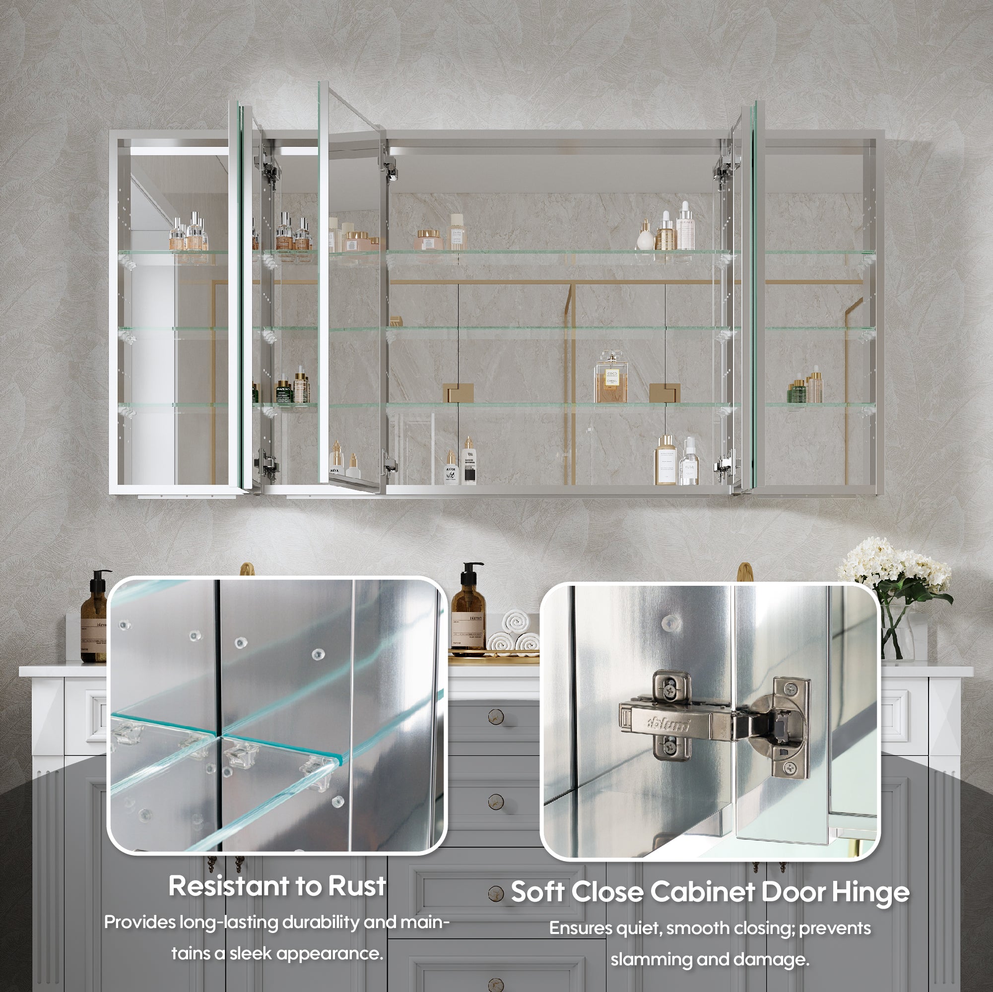 64 in. ×30 in. Copper-Free Tri-Views Mirror Medicine Cabinet with Adjustable Shelves and 5 Doors