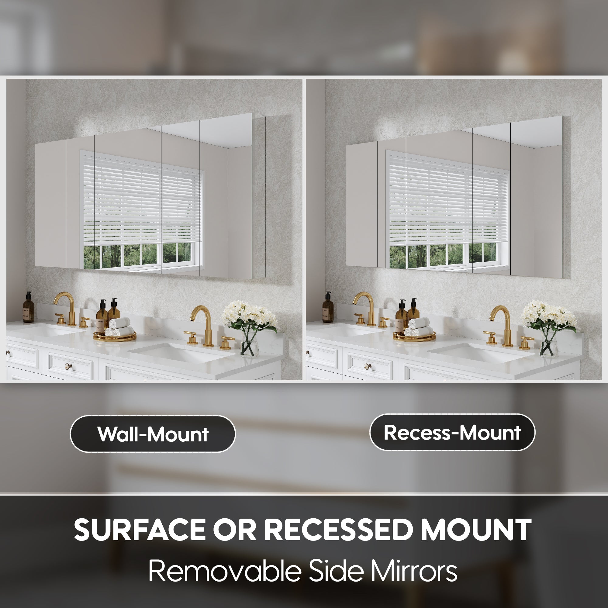 64 in. ×30 in. Copper-Free Tri-Views Mirror Medicine Cabinet with Adjustable Shelves and 5 Doors