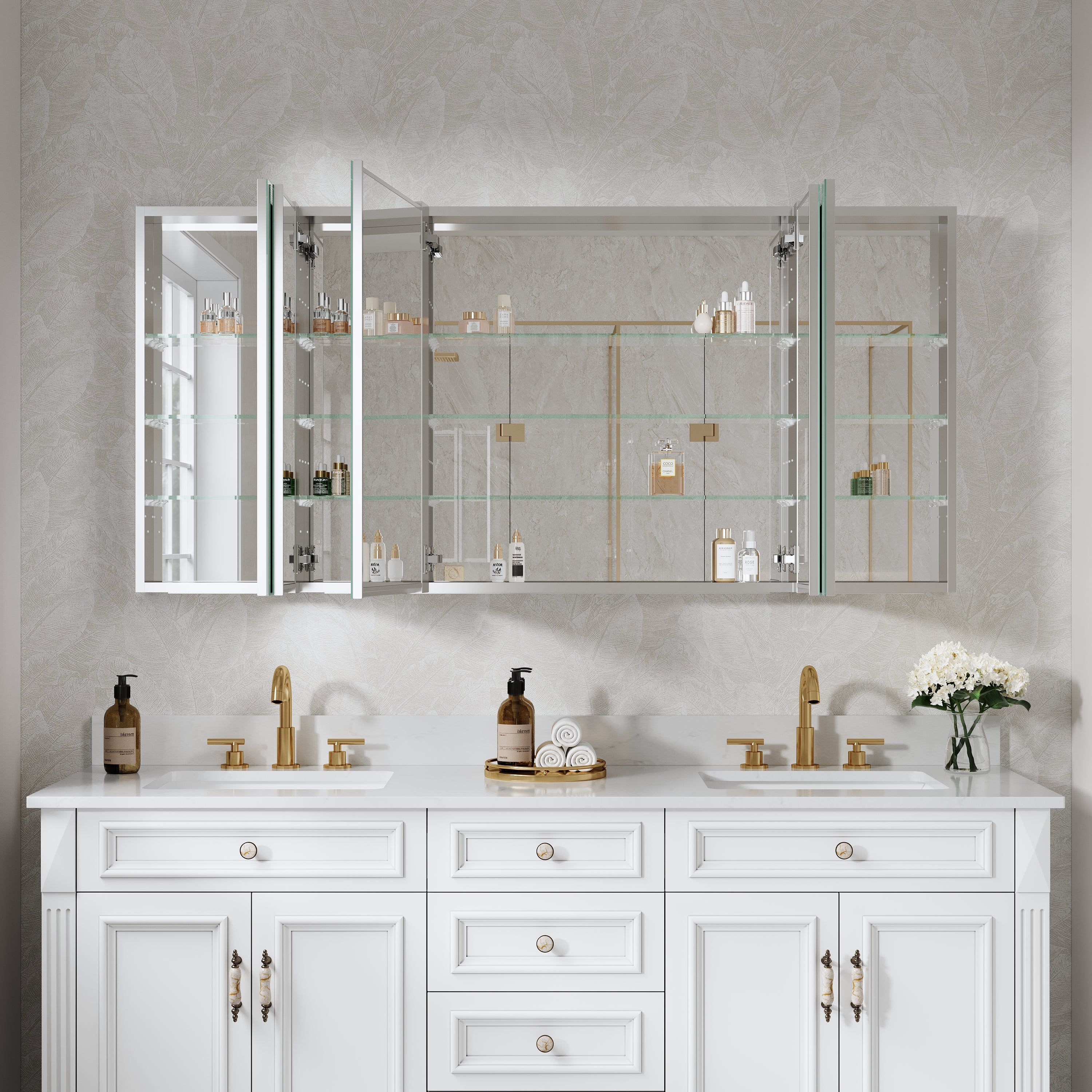 64 in. ×30 in. Copper-Free Tri-Views Mirror Medicine Cabinet with Adjustable Shelves and 5 Doors