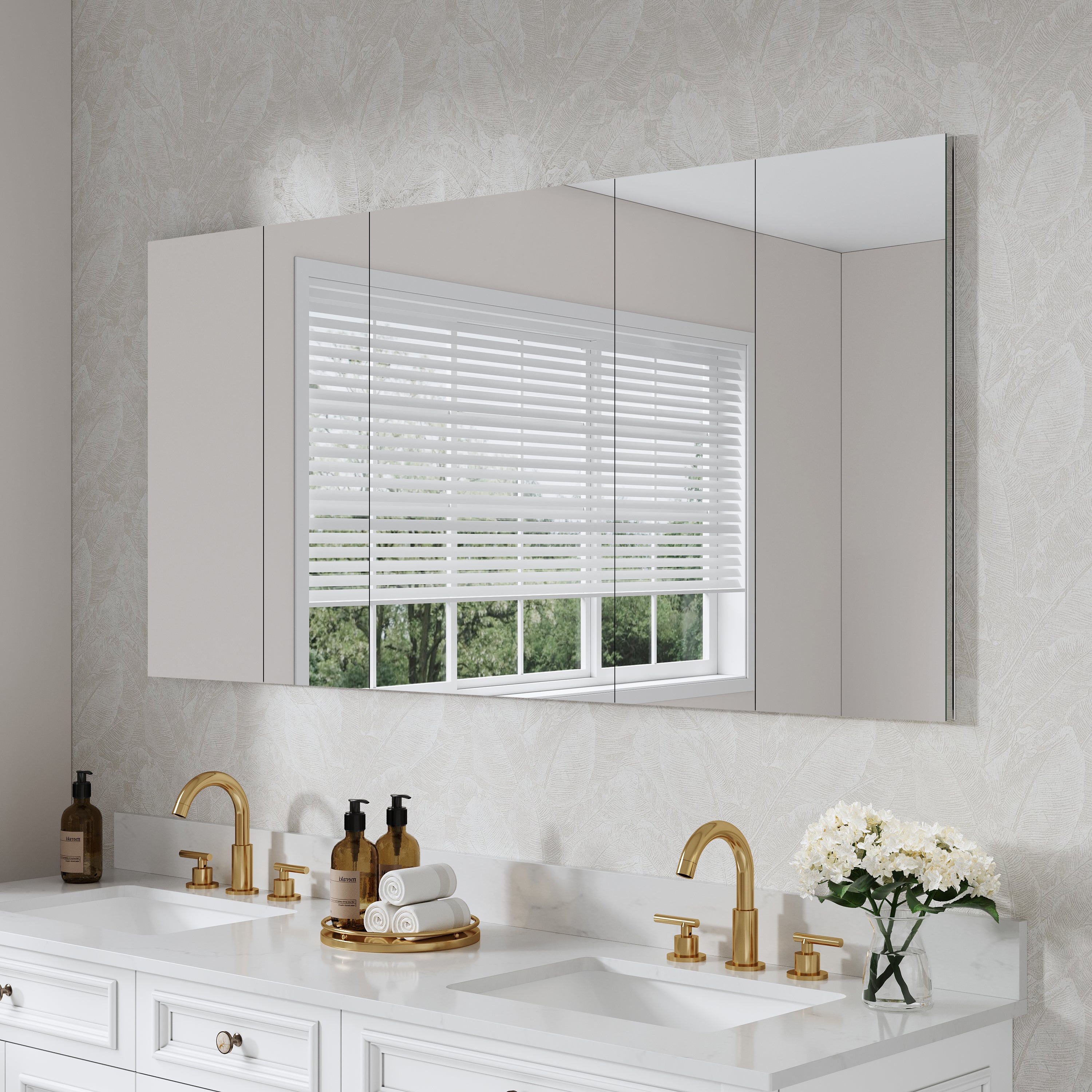 64 in. ×30 in. Copper-Free Tri-Views Mirror Medicine Cabinet with Adjustable Shelves and 5 Doors