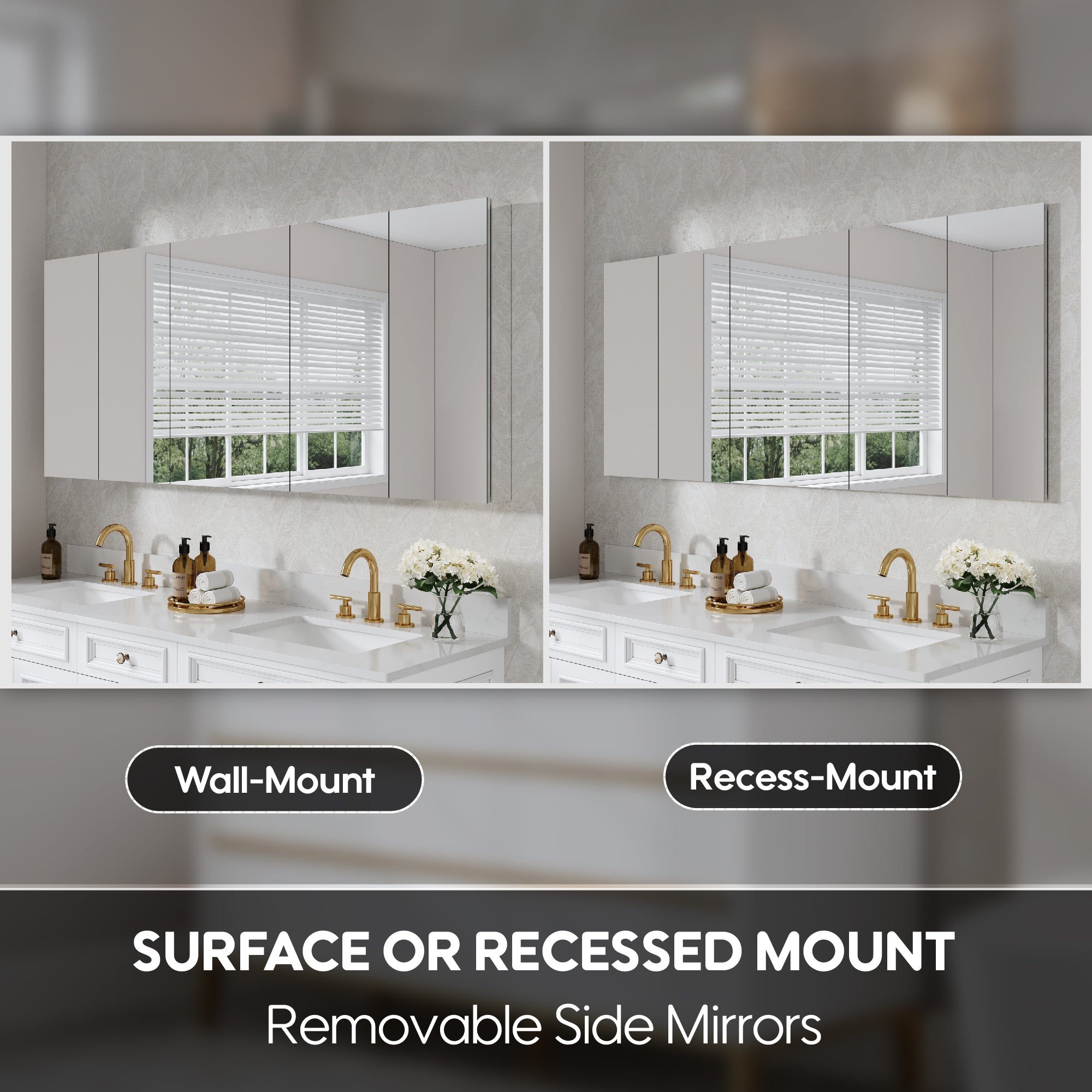 72 in. ×30 in. Copper-Free Tri-Views Mirror Medicine Cabinet with Adjustable Shelves and 5 Doors