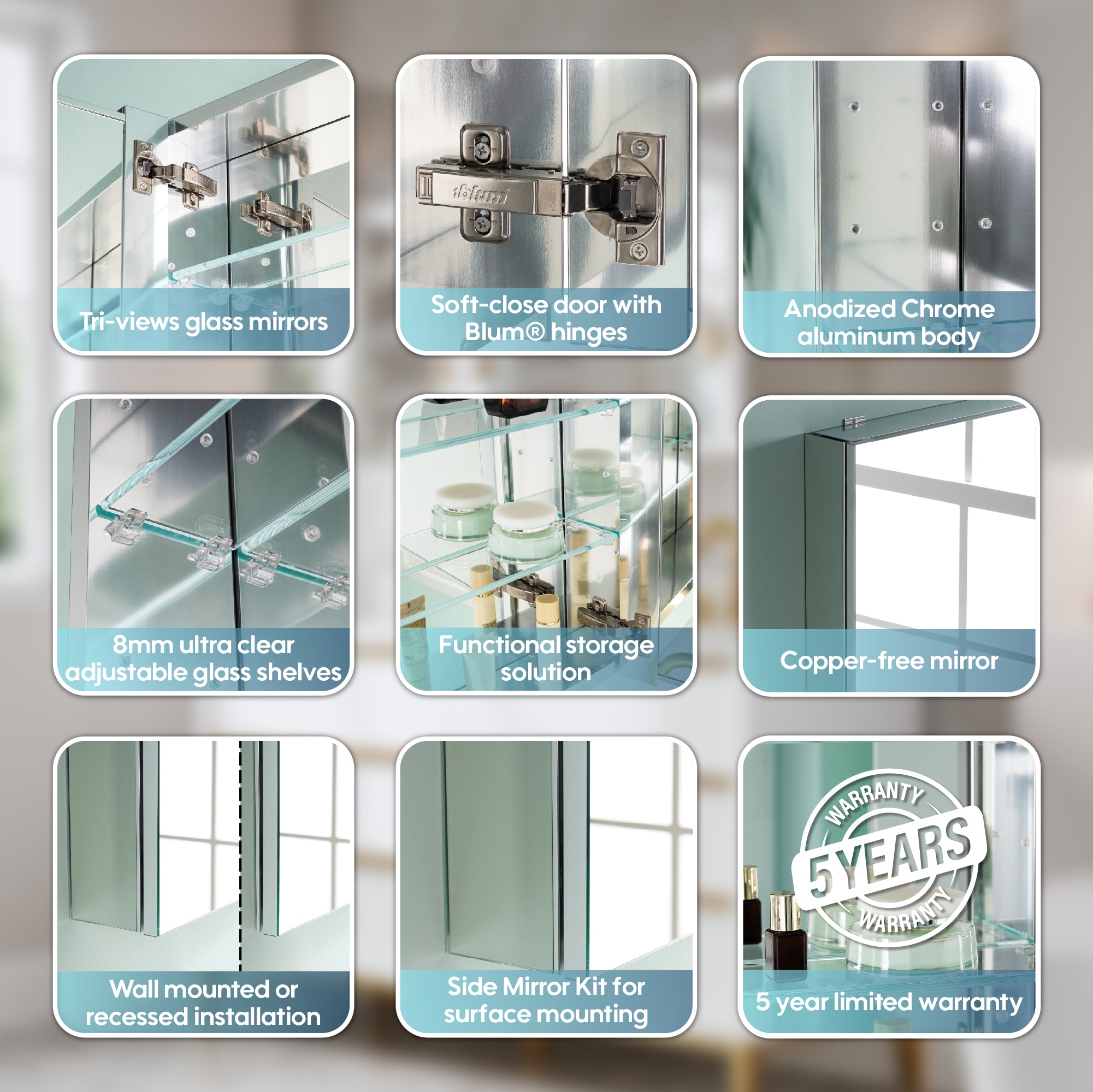 72 in. ×30 in. Copper-Free Tri-Views Mirror Medicine Cabinet with Adjustable Shelves and 5 Doors