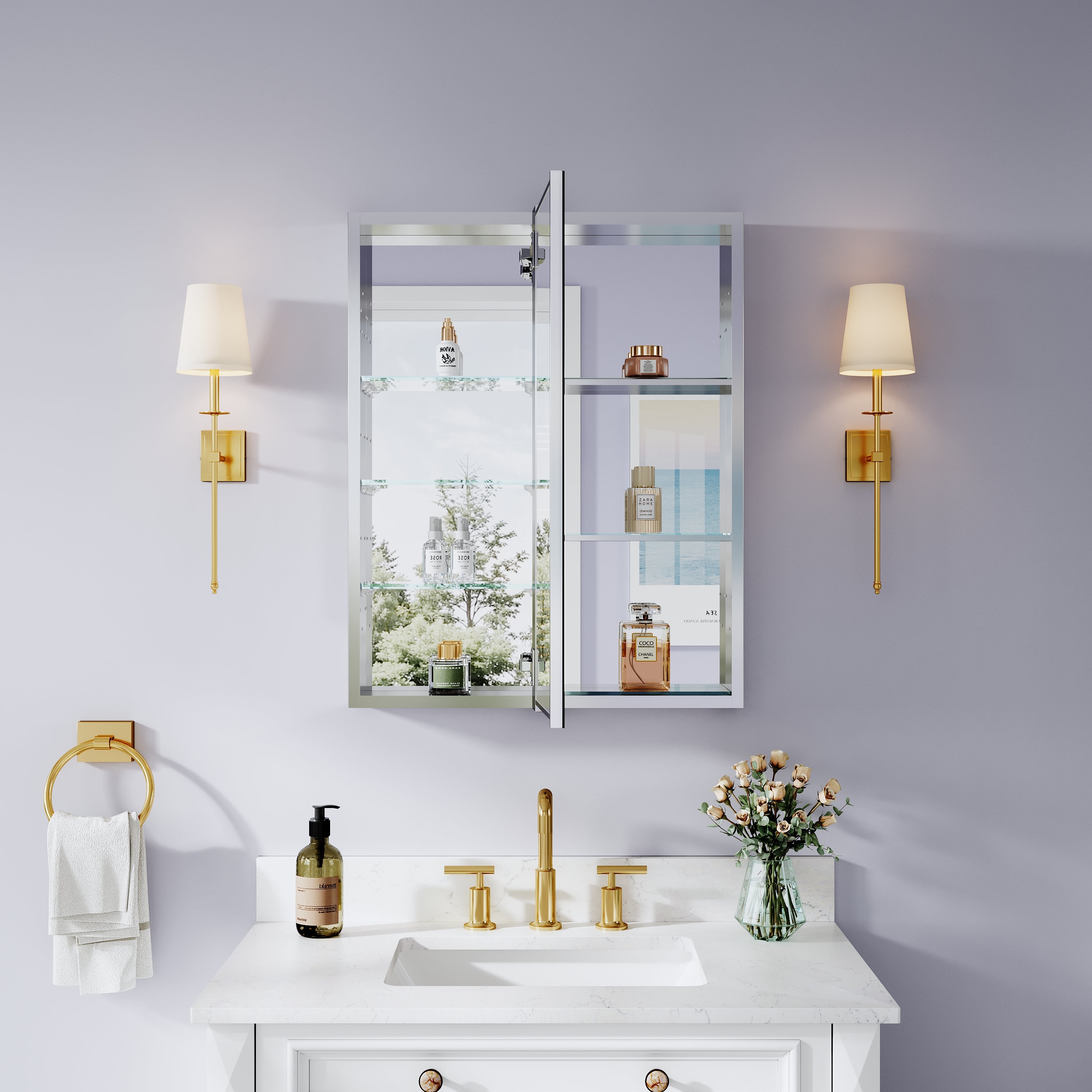 24 in. ×30 in. Bathroom Medicine Cabinet Set with Copper-Free Tri-View Mirror and Open Side Cabinet, Recessed or Surface Mount