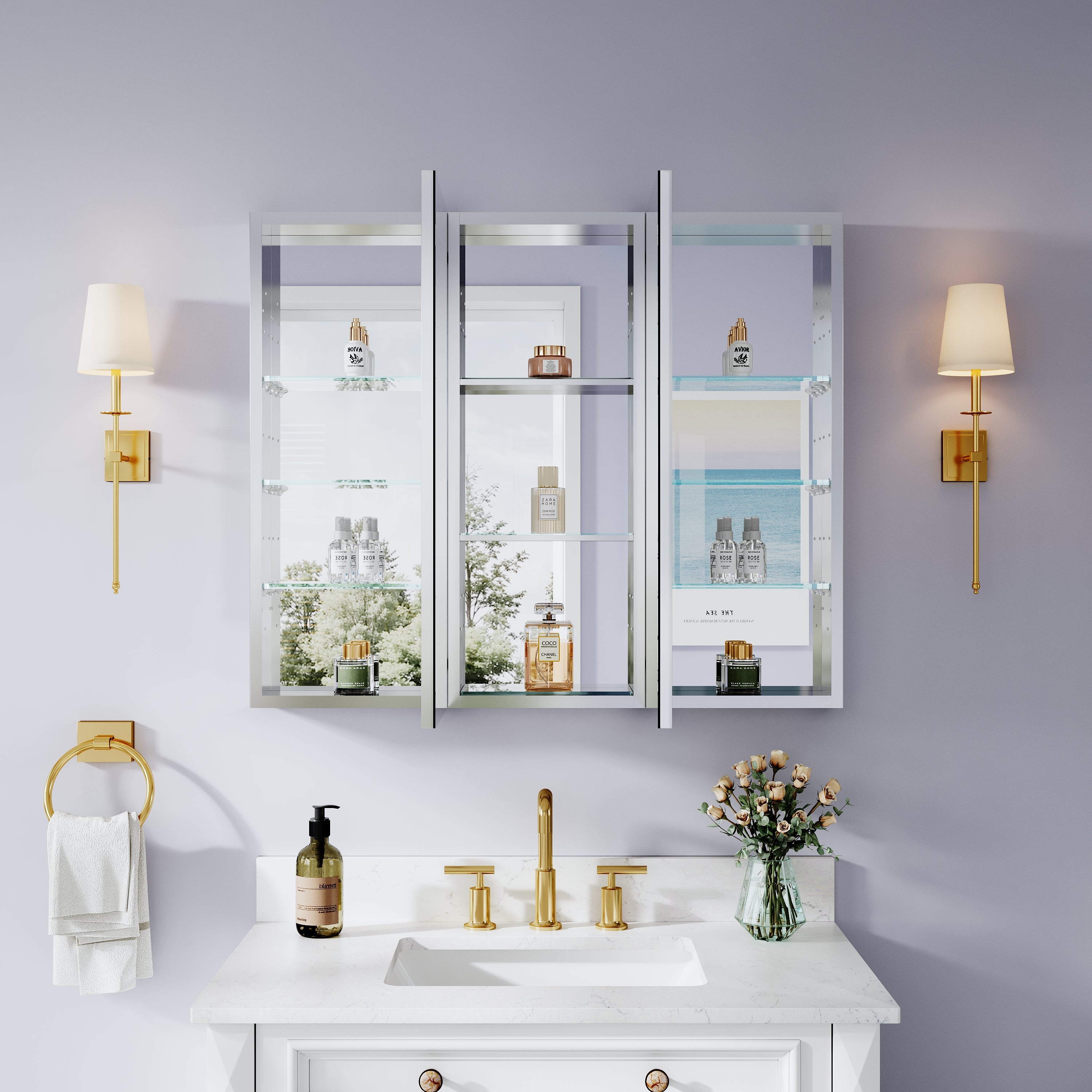 36 in. ×30 in. Bathroom Medicine Cabinet Set with Copper-Free Tri-View Mirror and Open Side Cabinet, Recessed or Surface Mount