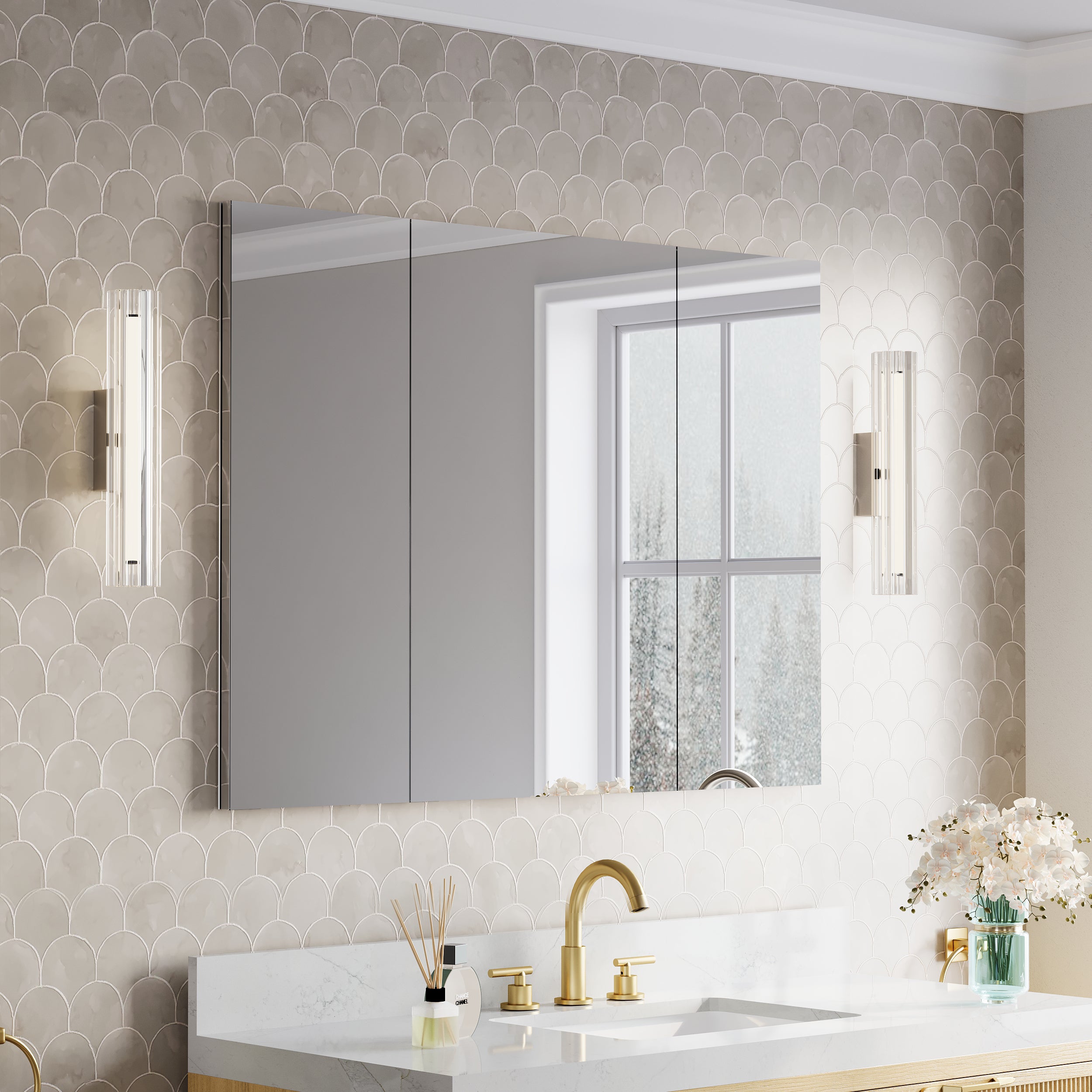 44 in.×32 in.H Copper-Free Mirror Medicine Cabinet with Soft-Close Blum® Hinges and 3 Doors