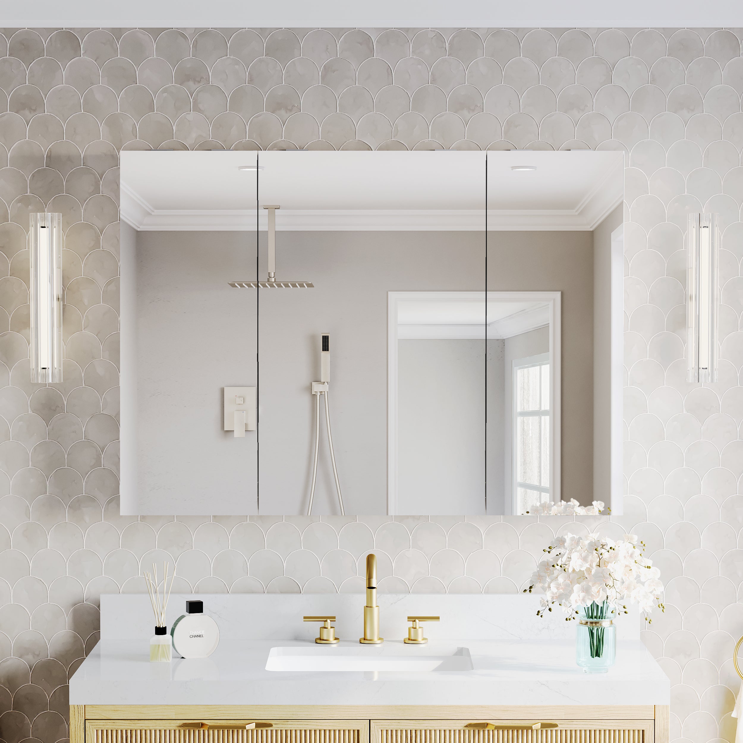 44 in.×32 in.H Copper-Free Mirror Medicine Cabinet with Soft-Close Blum® Hinges and 3 Doors