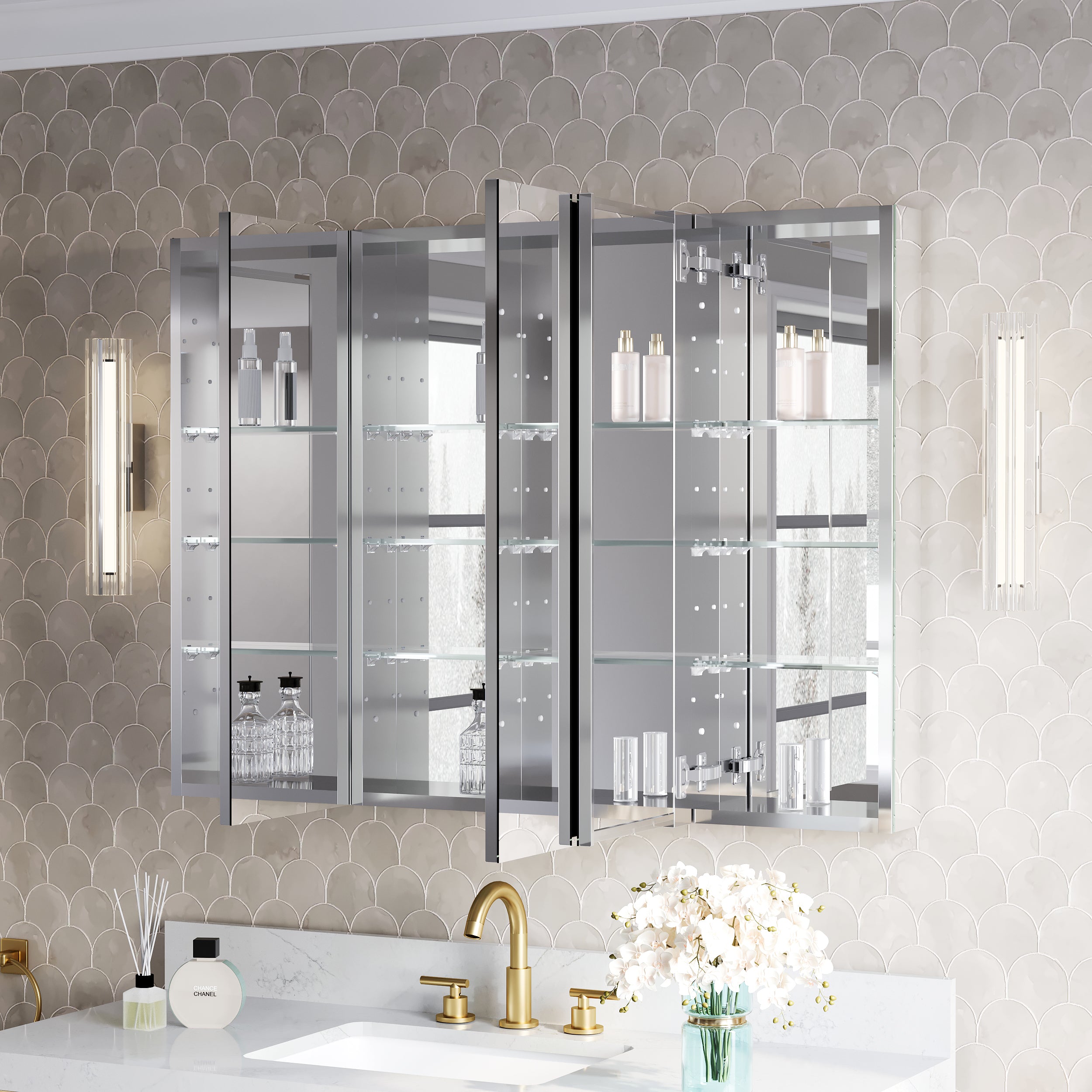 44 in.×32 in.H Copper-Free Mirror Medicine Cabinet with Soft-Close Blum® Hinges and 3 Doors