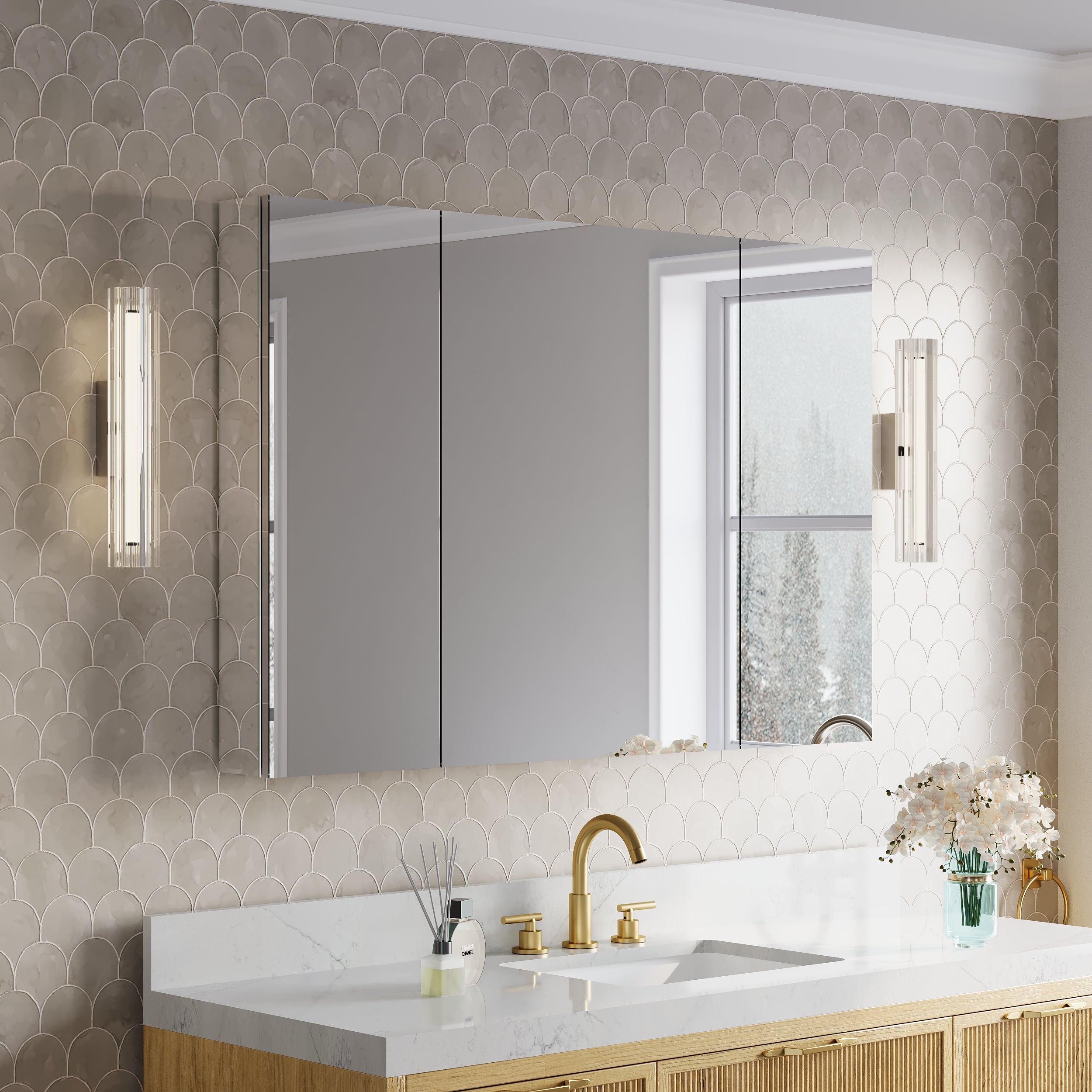 48 in.×32 in.H Copper-Free Mirror Medicine Cabinet with Soft-Close Blum® Hinges and 3 Doors