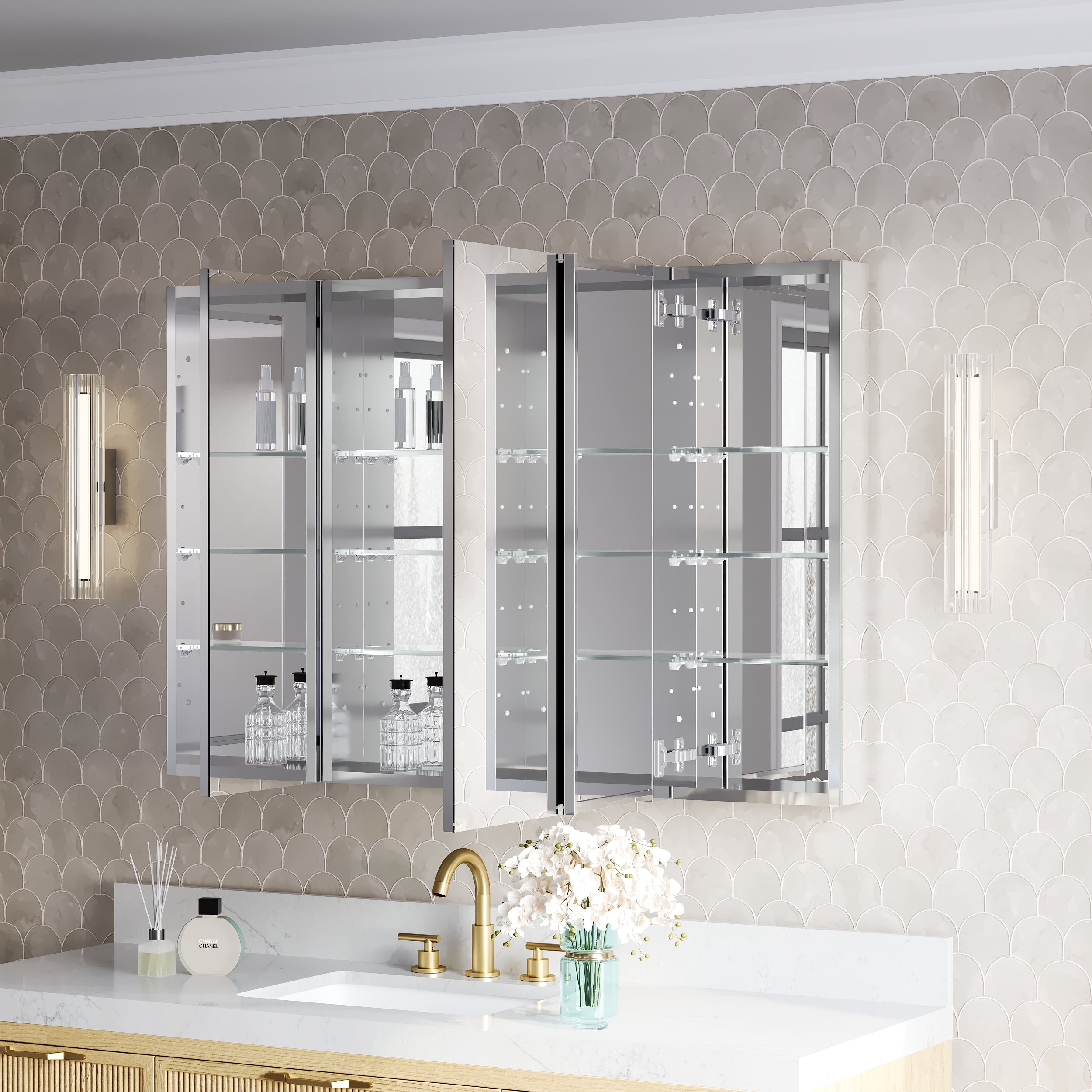 48 in.×32 in.H Copper-Free Mirror Medicine Cabinet with Soft-Close Blum® Hinges and 3 Doors