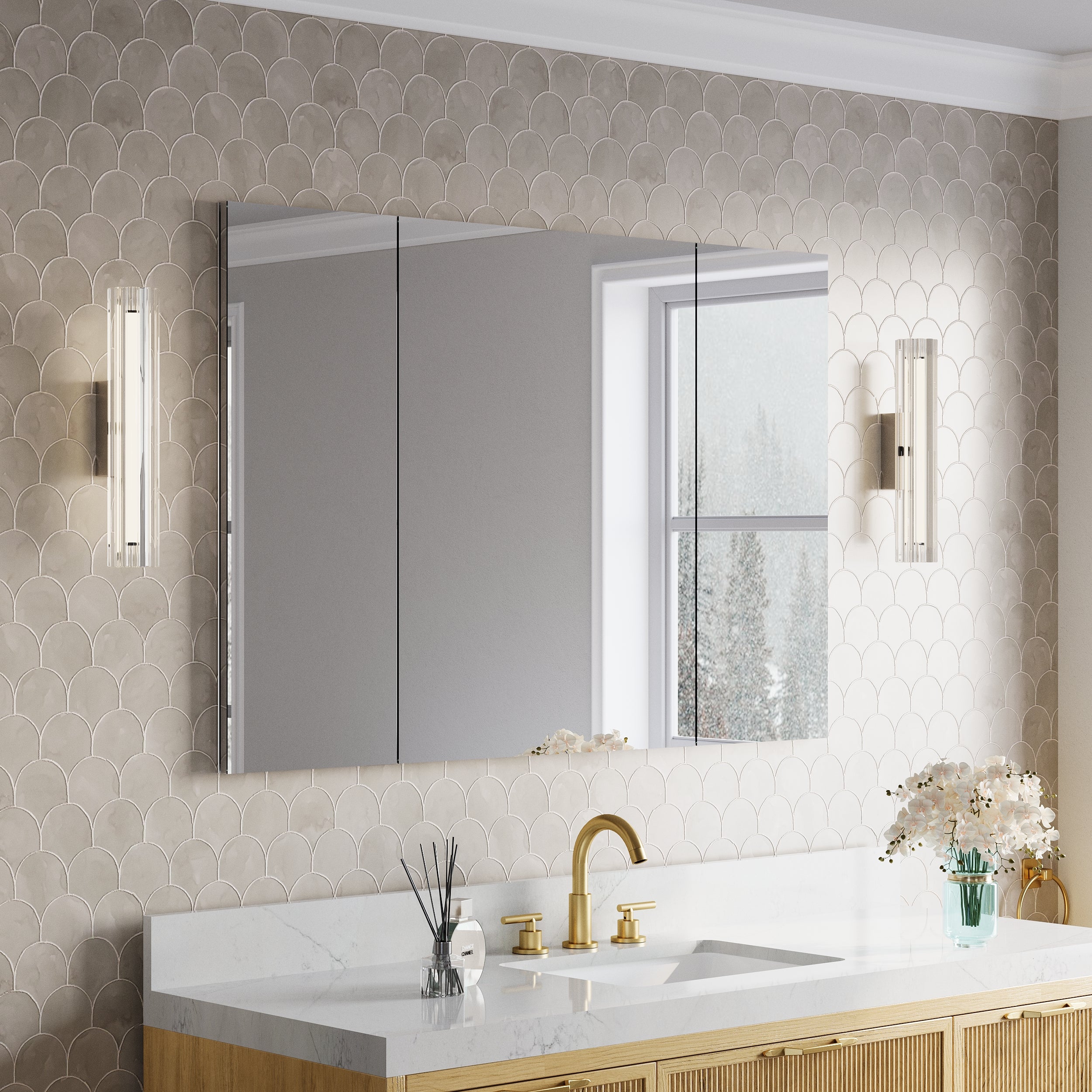 48 in.×32 in.H Copper-Free Mirror Medicine Cabinet with Soft-Close Blum® Hinges and 3 Doors