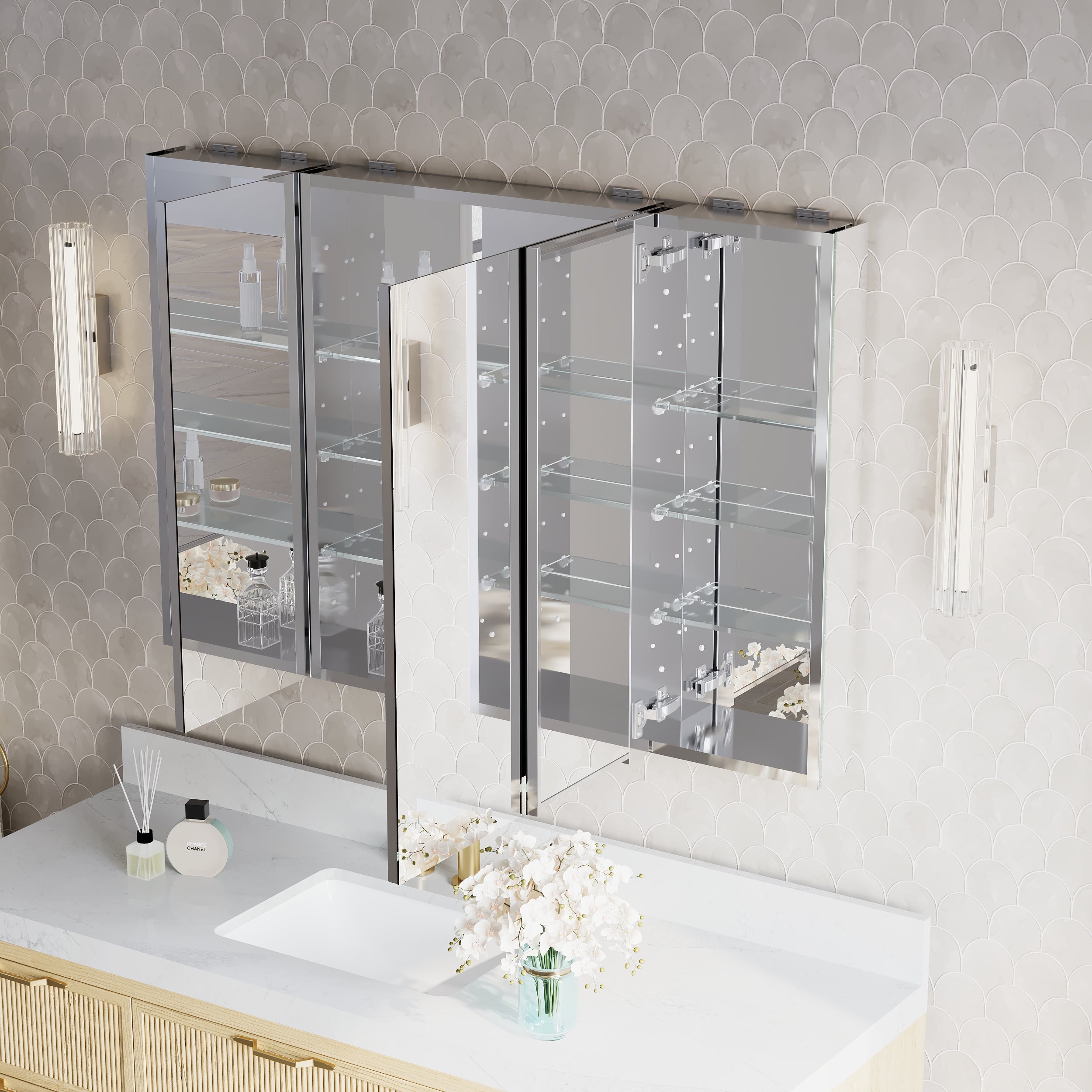 48 in.×32 in.H Copper-Free Mirror Medicine Cabinet with Soft-Close Blum® Hinges and 3 Doors