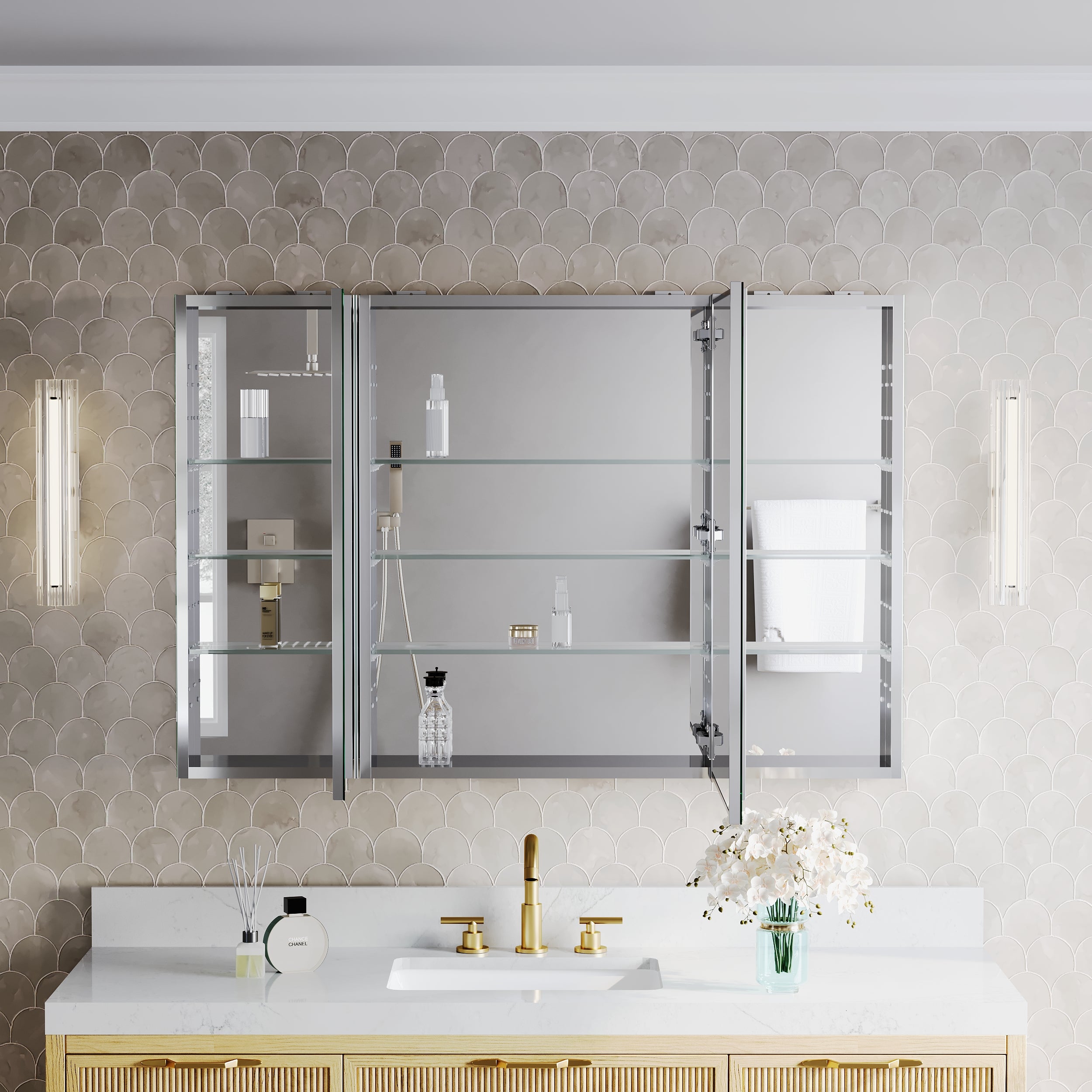 48 in.×32 in.H Copper-Free Mirror Medicine Cabinet with Soft-Close Blum® Hinges and 3 Doors