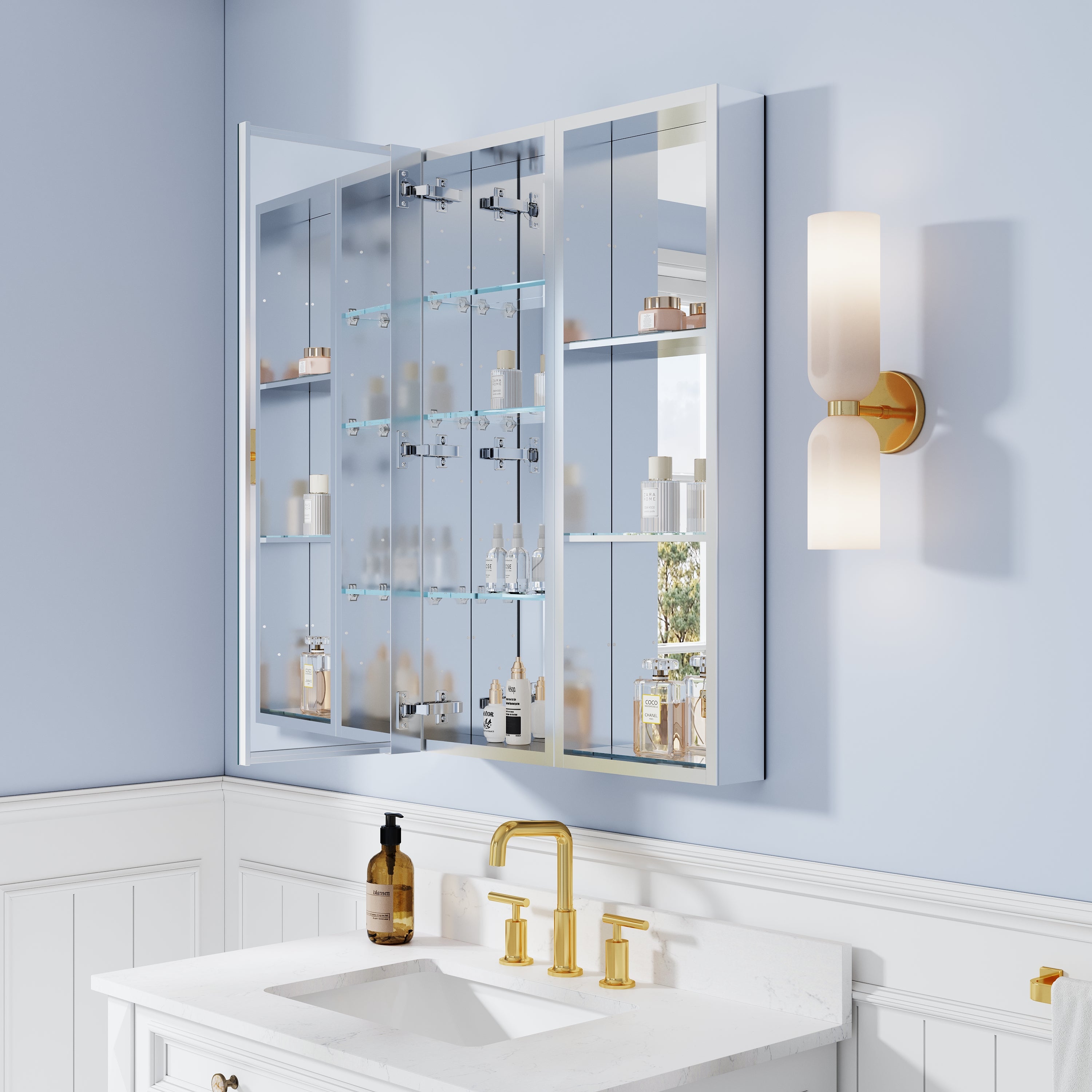 24 in. ×36 in. Bathroom Medicine Cabinet Set with Copper-Free Tri-View Mirror and Open Side Cabinet, Recessed or Surface Mount