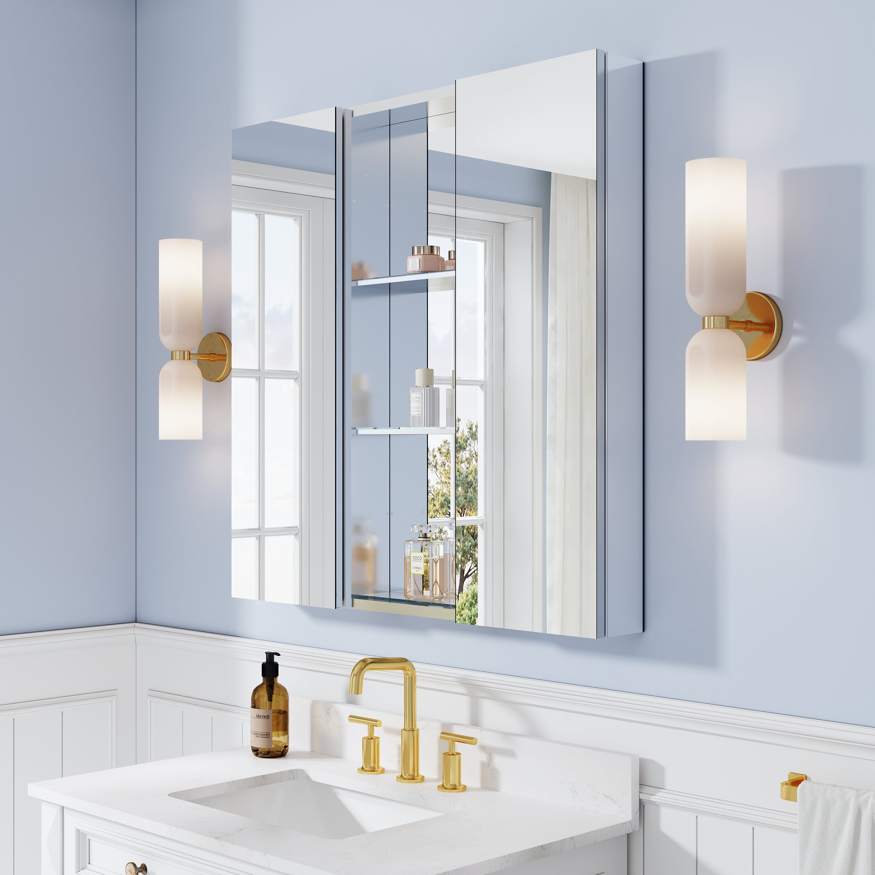 36 in. ×36 in. Bathroom Medicine Cabinet Set with Copper-Free Tri-View Mirror and Open Side Cabinet, Recessed or Surface Mount