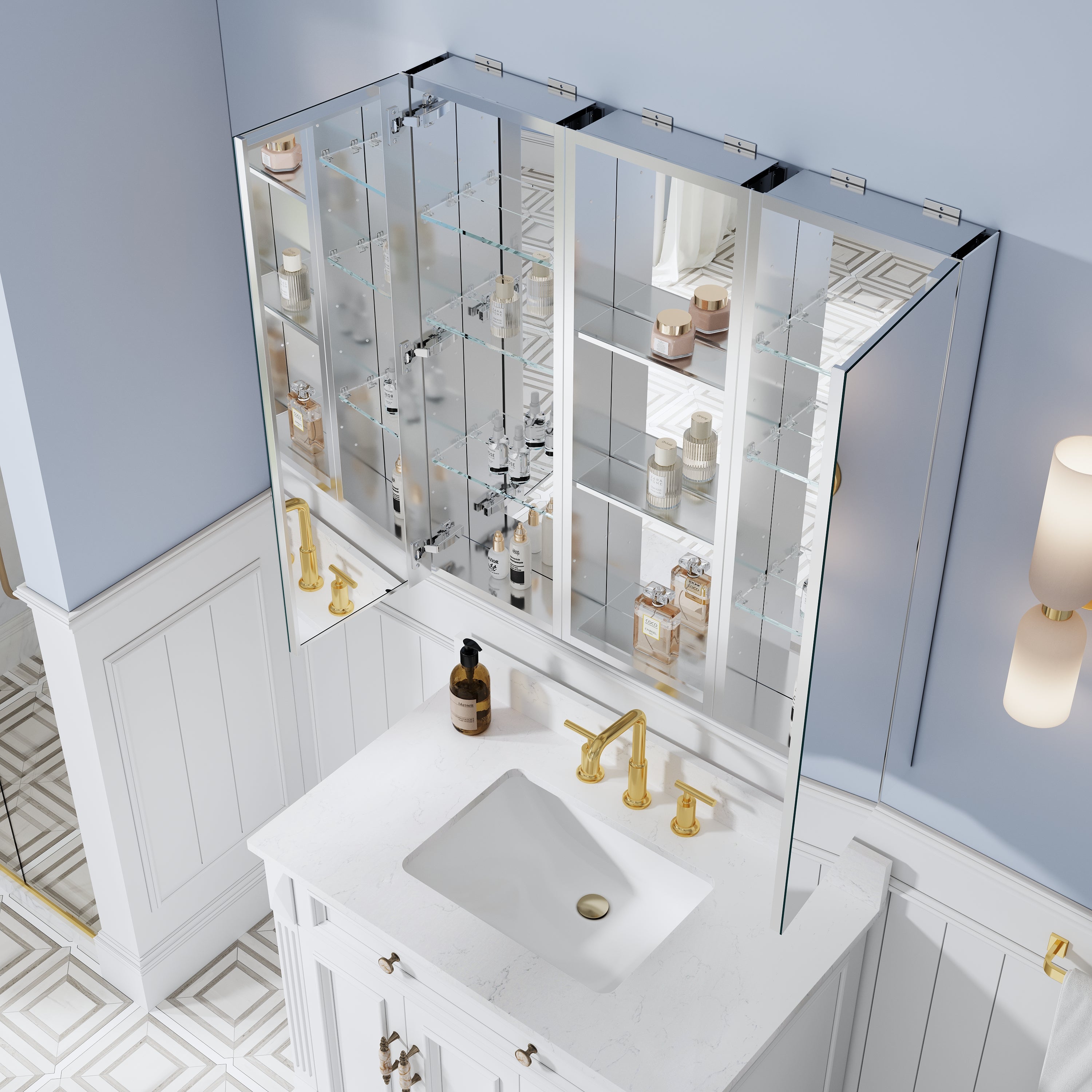 36 in. ×36 in. Bathroom Medicine Cabinet Set with Copper-Free Tri-View Mirror and Open Side Cabinet, Recessed or Surface Mount