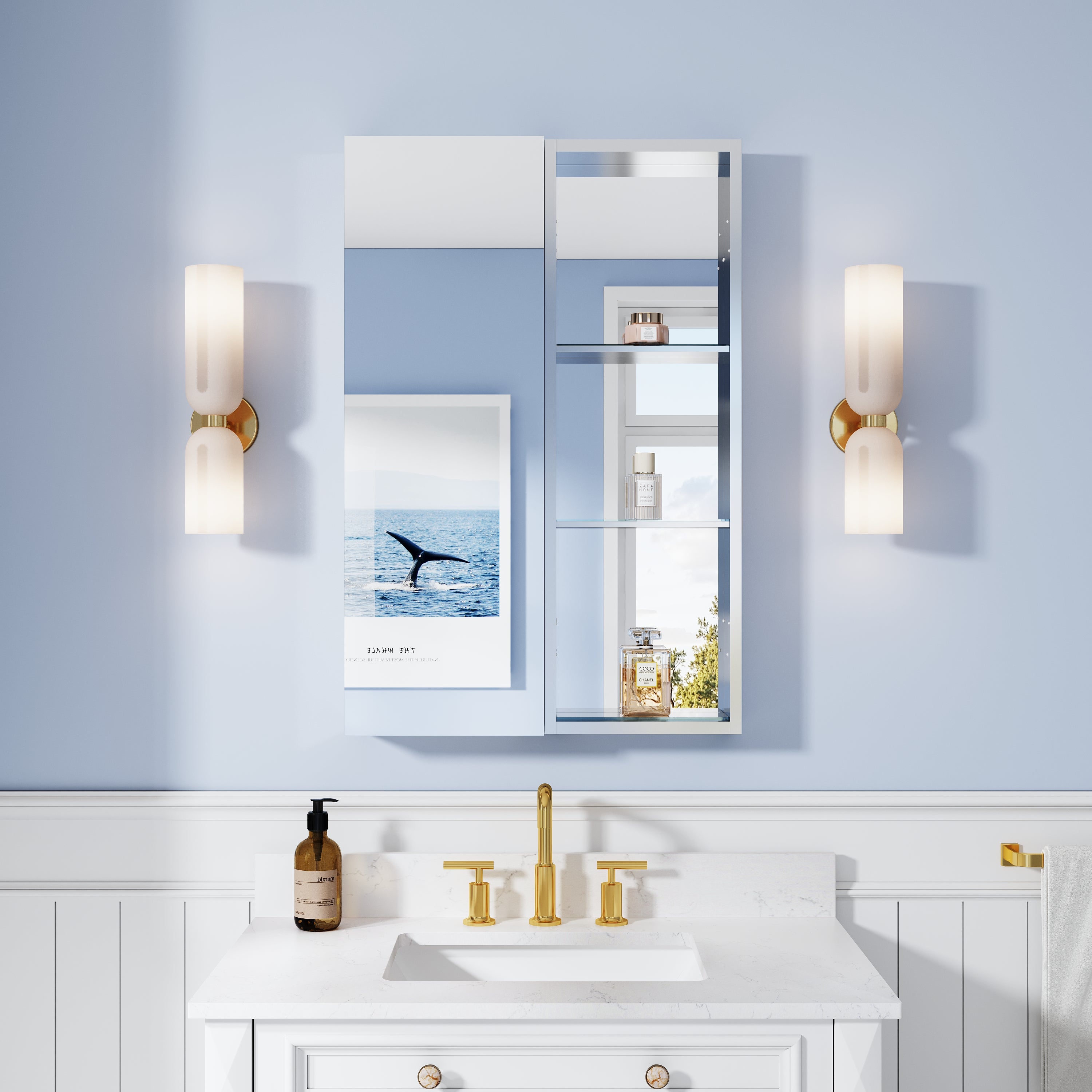 24 in. ×36 in. Bathroom Medicine Cabinet Set with Copper-Free Tri-View Mirror and Open Side Cabinet, Recessed or Surface Mount