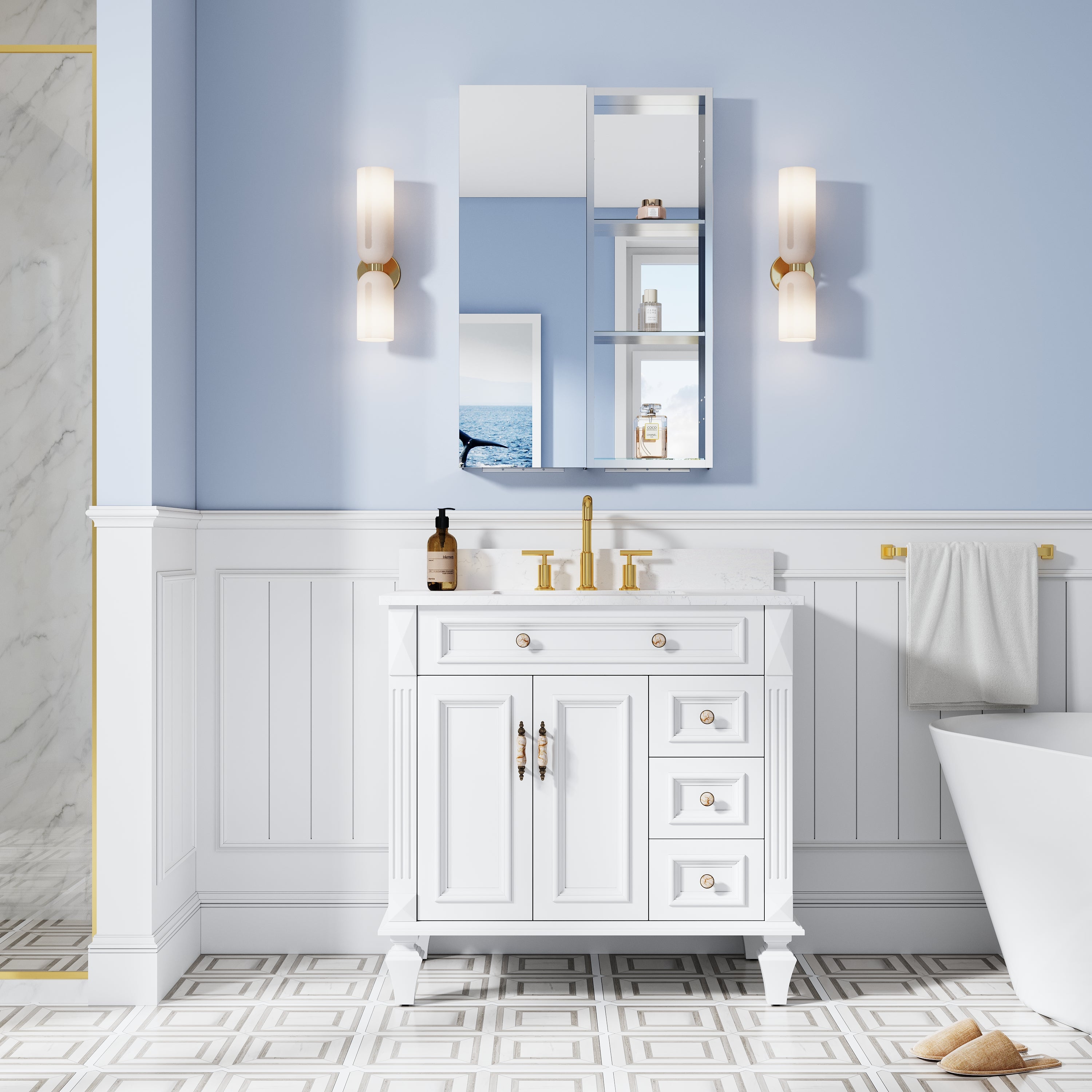 24 in. ×36 in. Bathroom Medicine Cabinet Set with Copper-Free Tri-View Mirror and Open Side Cabinet, Recessed or Surface Mount